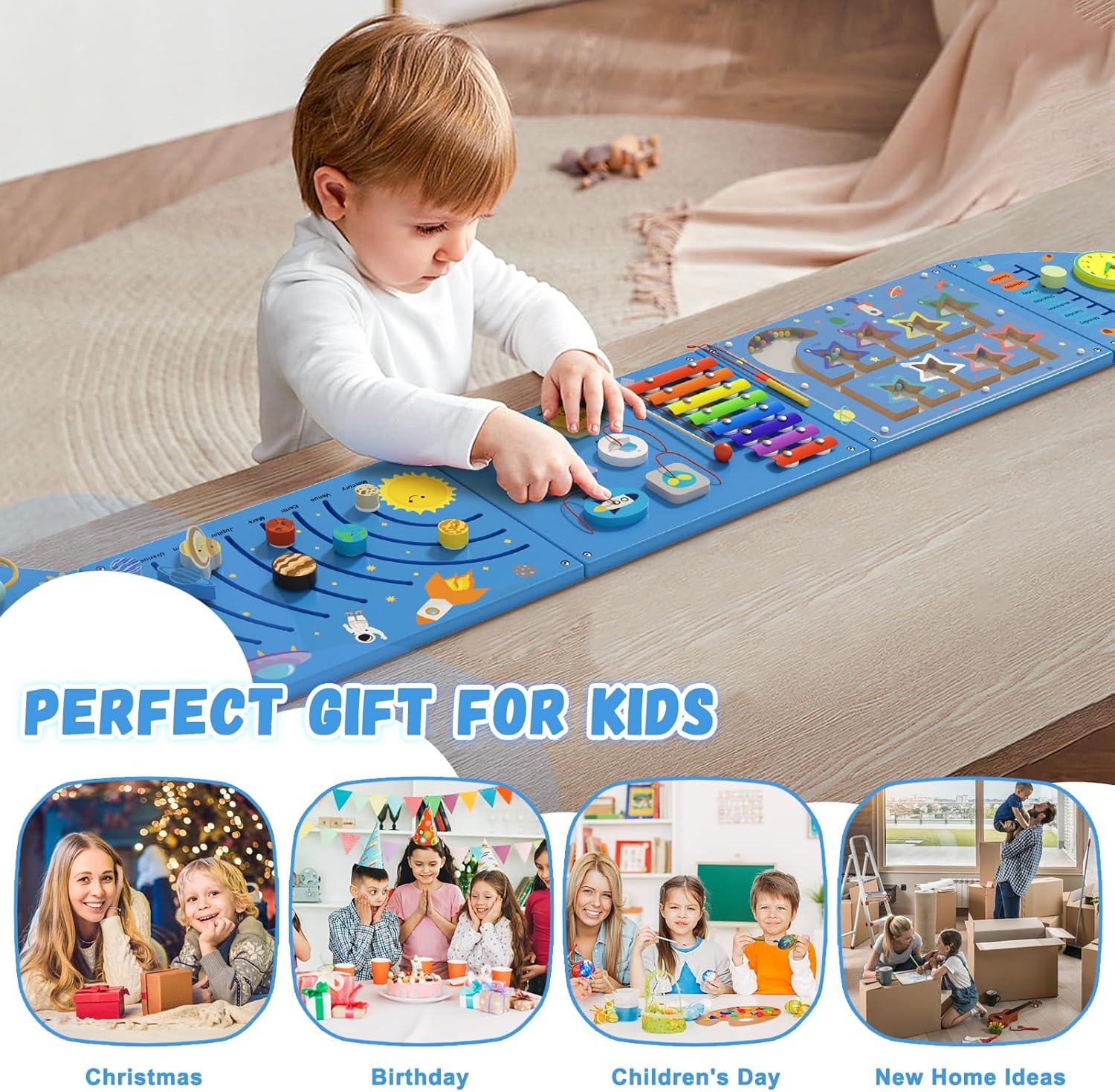 Rocket Activity Wall Busy Board Panels - Sensory Wall Panel for Kids, Montessori Toddler Wall Activity Board, Wall Toys for Toddlers 3, Activity Cube, Wooden Multi-Activity Boards, Blue(5PCS)