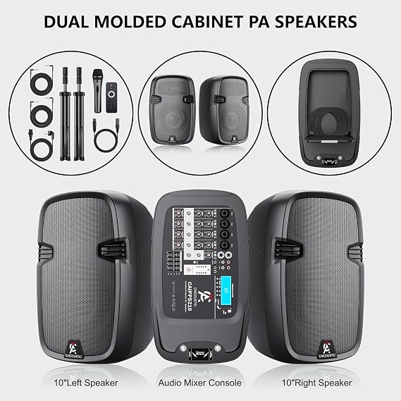8-Channel Portable PA System with Bluetooth, Microphone, 2 Speaker Stands, USB, Reverb/Delay Effects - Perfect for Outdoor Events, Parties, Weddings, Church Services (2 x 10 Woofers)