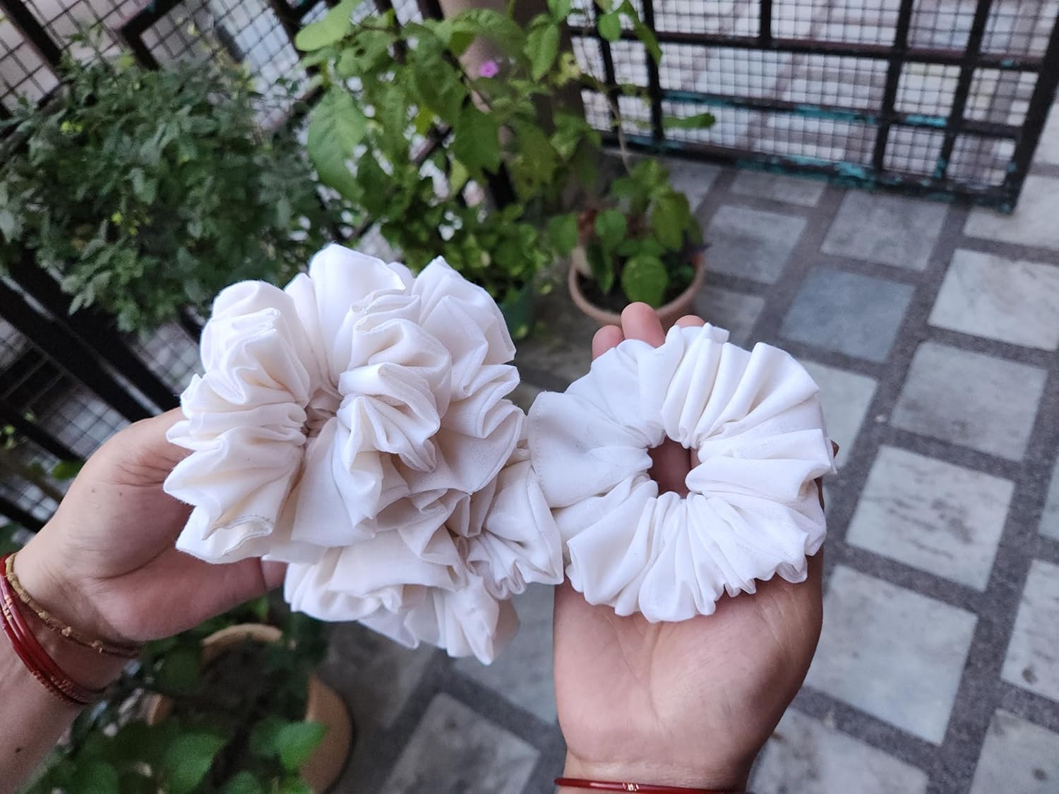 Cotton Hair Scrunchies, Ruffle Design, Off-White for women and girls 6 pieces