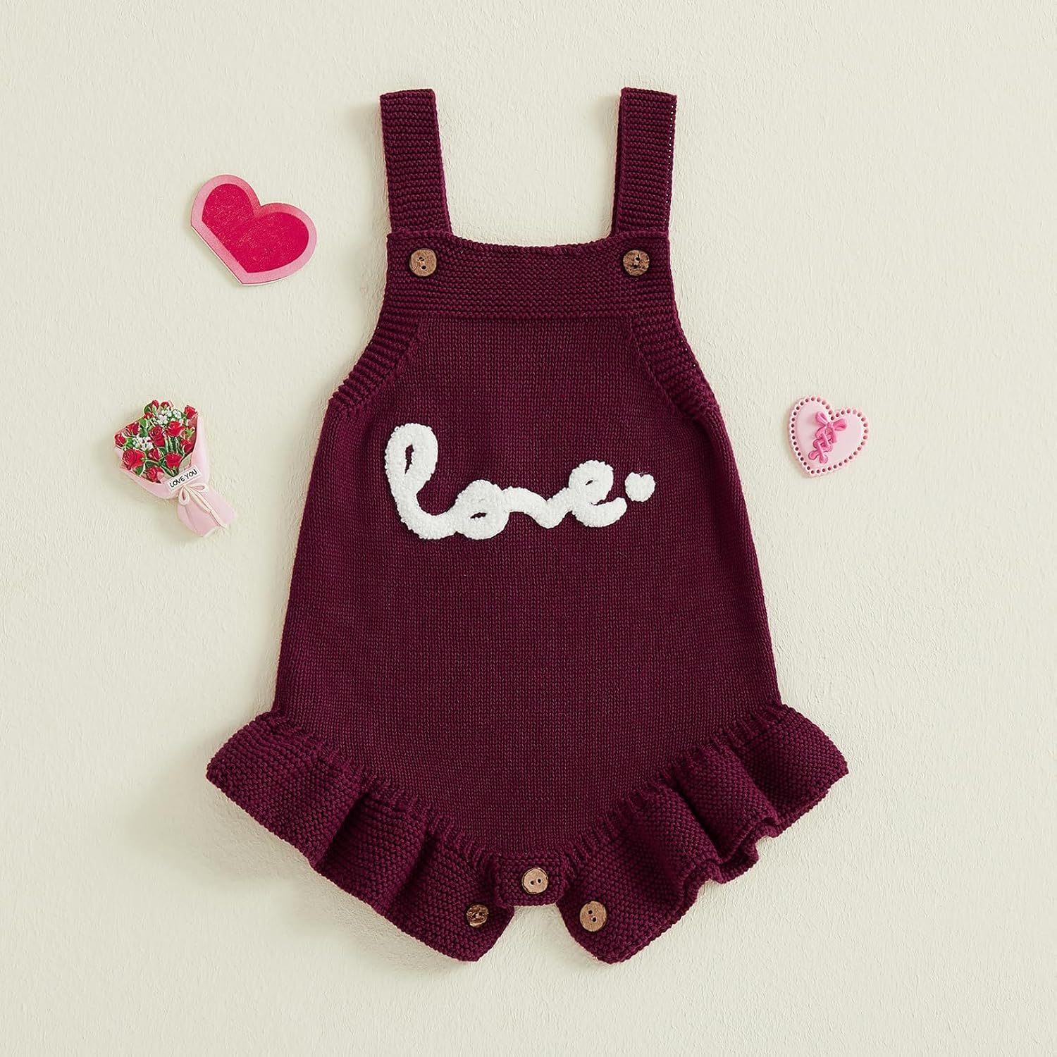 Newborn Baby Girl Valentines Day Outfit Love Embroidery Knit Ruffle Bubble Romper Knitted Sweater Overalls Bodysuit - Image 5