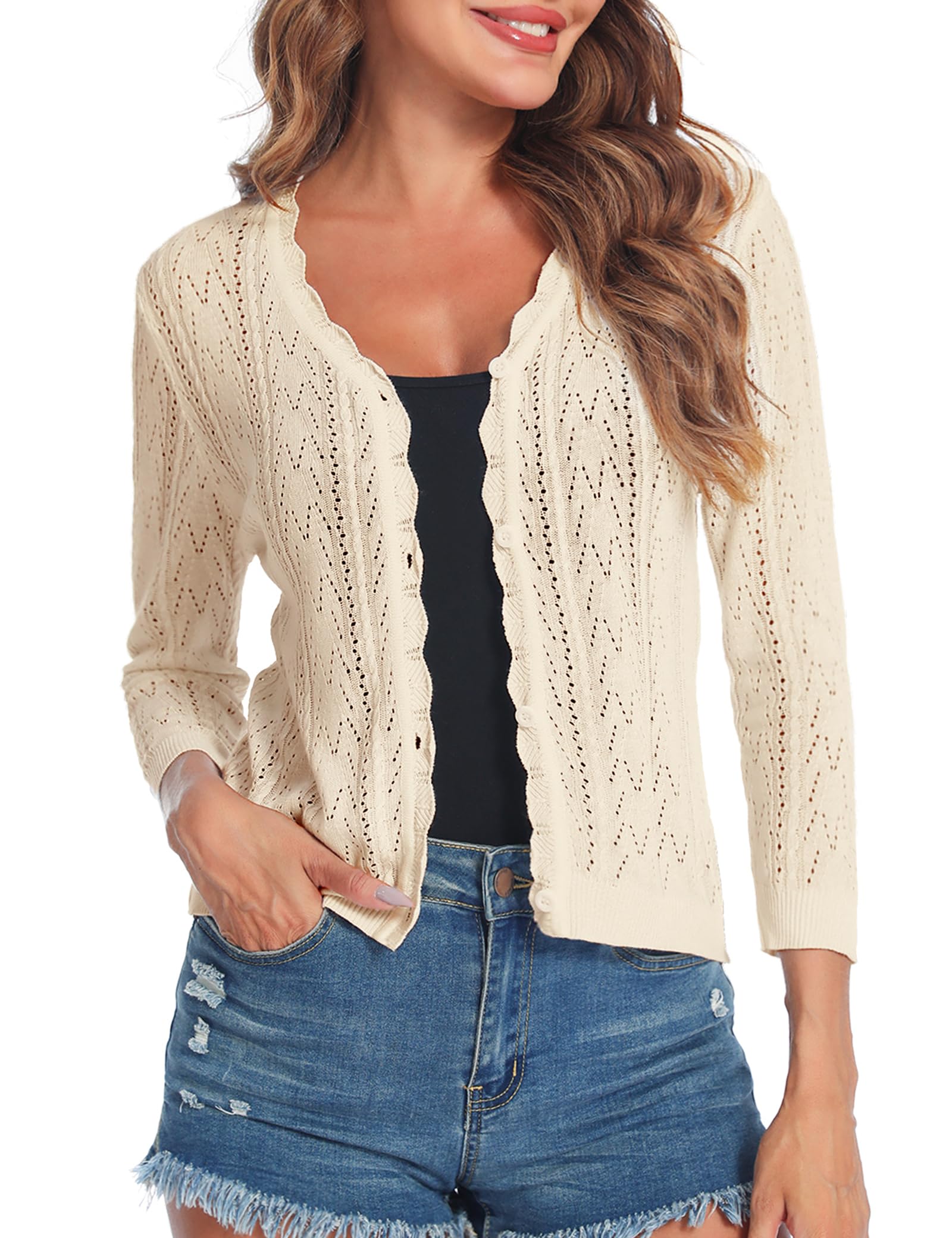 Gyabnw Damen Strickjacke 3/4 Ärmel Bolerojacke Casual Einfarbig Cardigan Freizeit Sommerjacke Outerwear