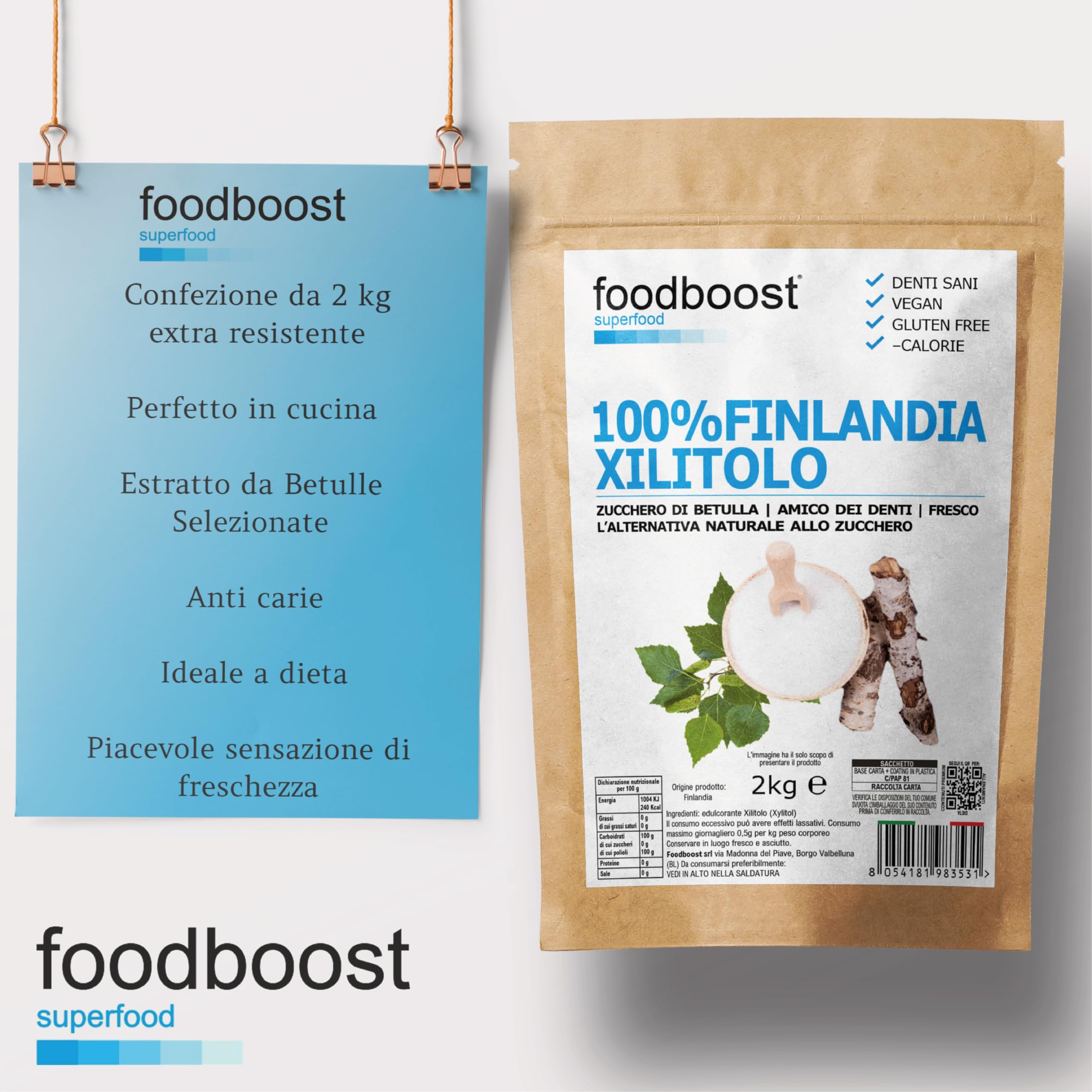 Xilitolo Finlandese 2Kg foodboost - 100% Naturale estratto da Betulla - stesso potere dolcificante dello zucchero - adatto diete ipocaloriche o bilanciate - contro la carie - 100% Europeo