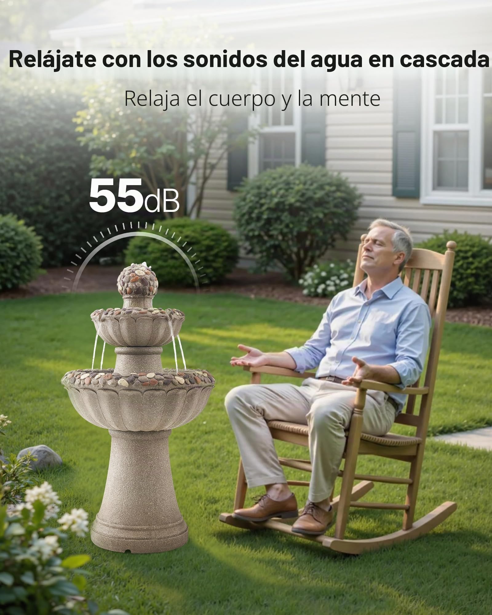 VEVOR Fuente de Agua para Exteriores, 927 mm de Altura, Fuente de Cascada de 2 Niveles de Fibra de Vidrio y Resina con Base de Roca y Bomba para Jardín, Patio, Decoración del Hogar,Gris Roca