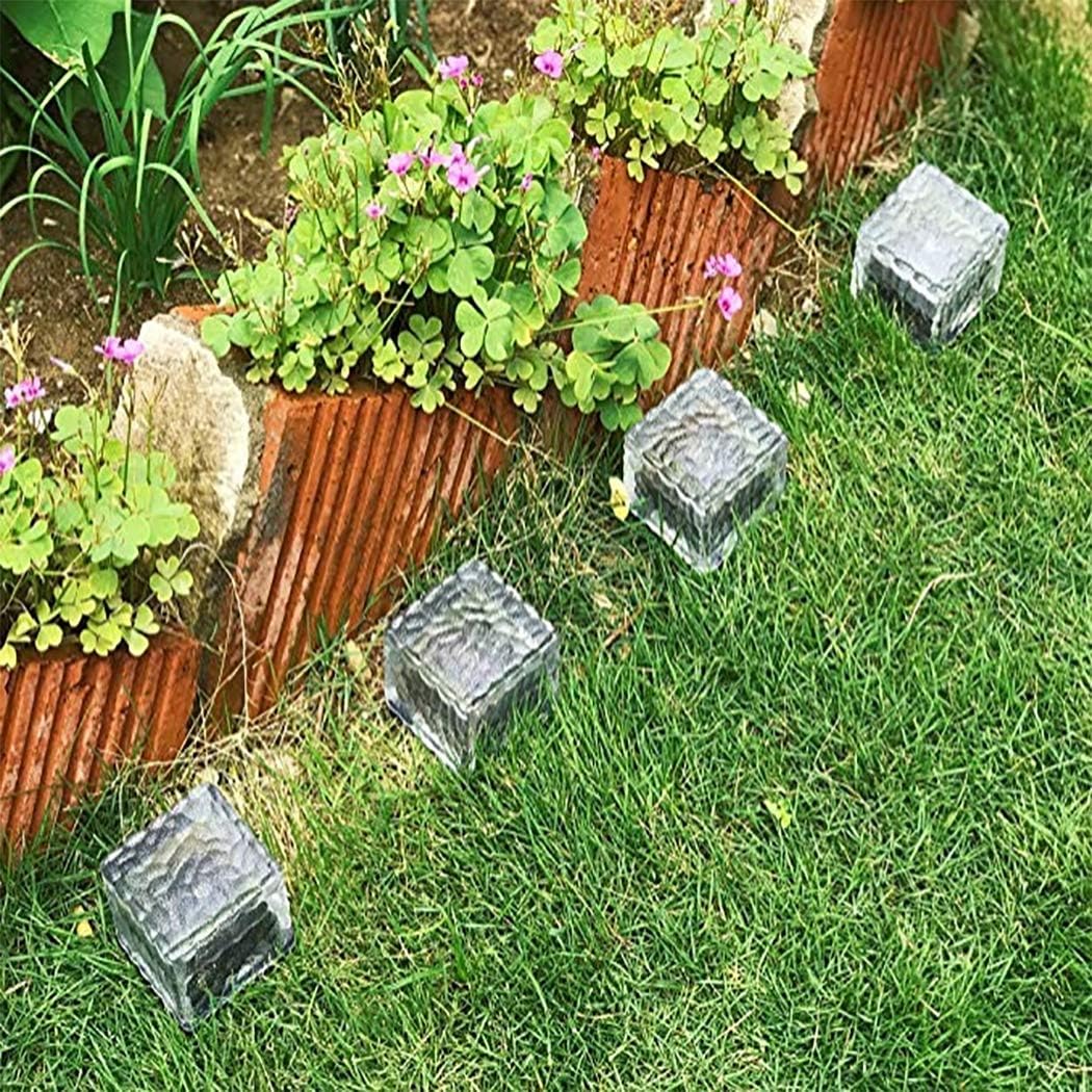 Solar Brick Lights Outdoor Waterproof Solar Powered Ice Cube Lights Frosted Glass Garden Landscape Lighting for Courtyard Pathway Patio,4 Pack,Blue