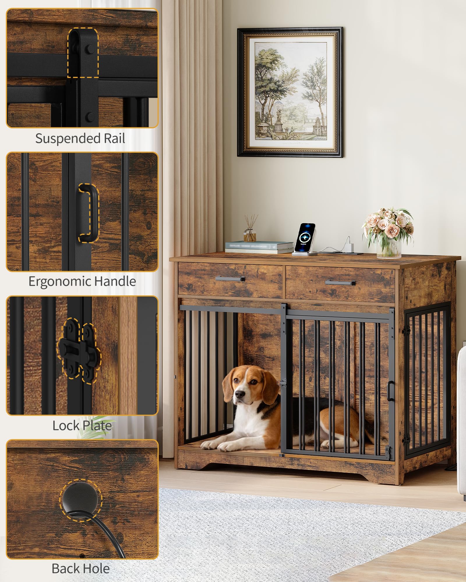 Hzuaneri Mueble Jaula para Perros de Interior con Regleta y 2 Cajones, Jaula de Madera con Puertas Correderas de Granero, 3 Puertas para Perros Medianos y Grandes 97x56x81 cm Marrón DFC90301BEU