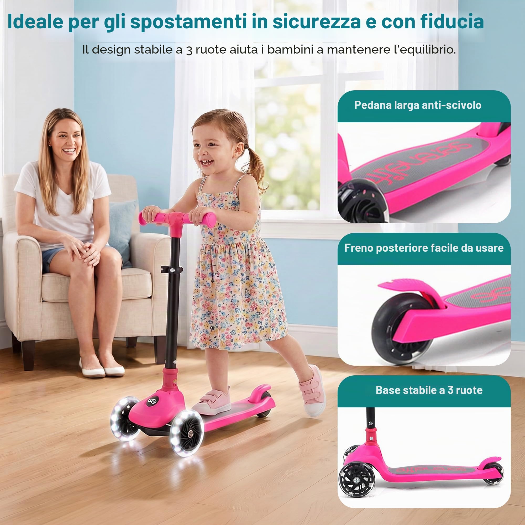 SereneLife Monopattino Bambino Pieghevole, Monopattino Bambina a 3 Ruote con Luci LED, Manubrio Regolabile e Freno, Monopattino a 3 Ruote, Scooter per Bambini e Bambine dai 3 Anni fino a 50 kg