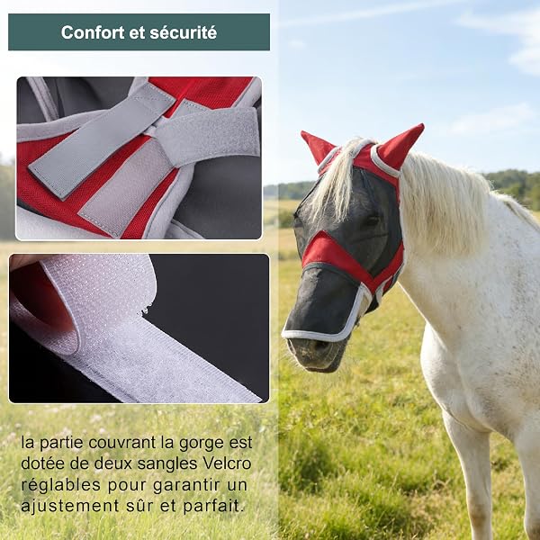 Masque Anti-Mouches pour Chevaux, Couvre-Nez et Oreilles, Protection Anti-UV, Maille Respirante, Grands Yeux, Ouvertures pour Les Poils du Front, sans Frottement, Rouge Large - 5