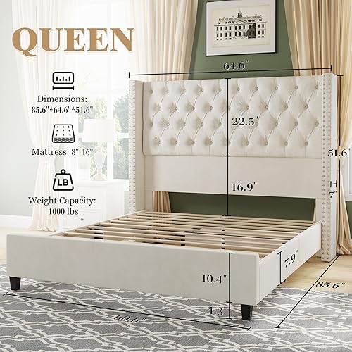 Miniatura 2 de Jocisland Base de cama tamaño Queen con cabecera de terciopelo acolchado con respaldo alado de 51.6" pulgadas, cama de plataforma tapizada moderna,