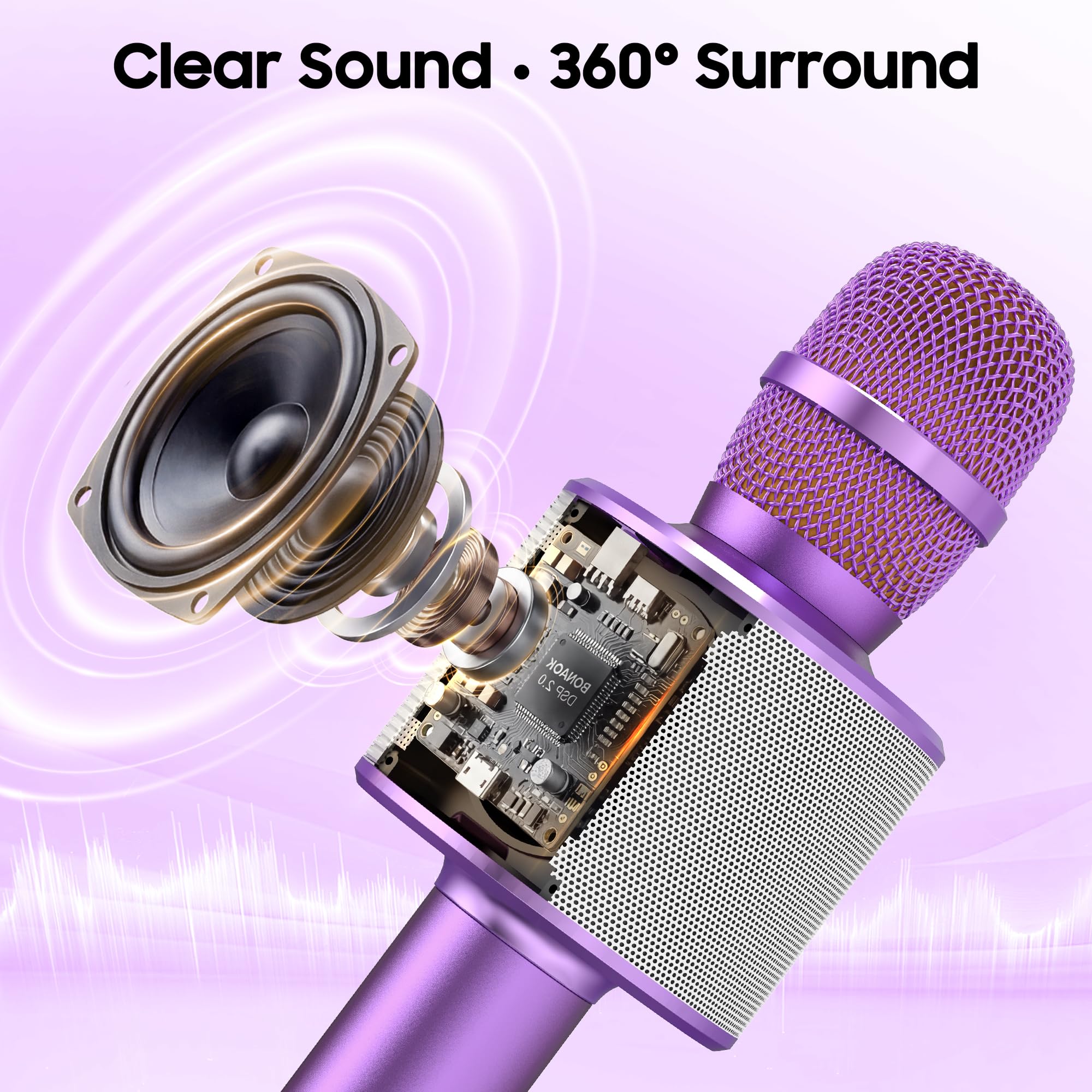 BONAOK Wireless Bluetooth Karaoke Microphone, 3-in-1 Portable Handheld Mic Speaker Machine for All Smartphones, Gift for Girls Boys Kids Adults All Age Q37(Light Purple)