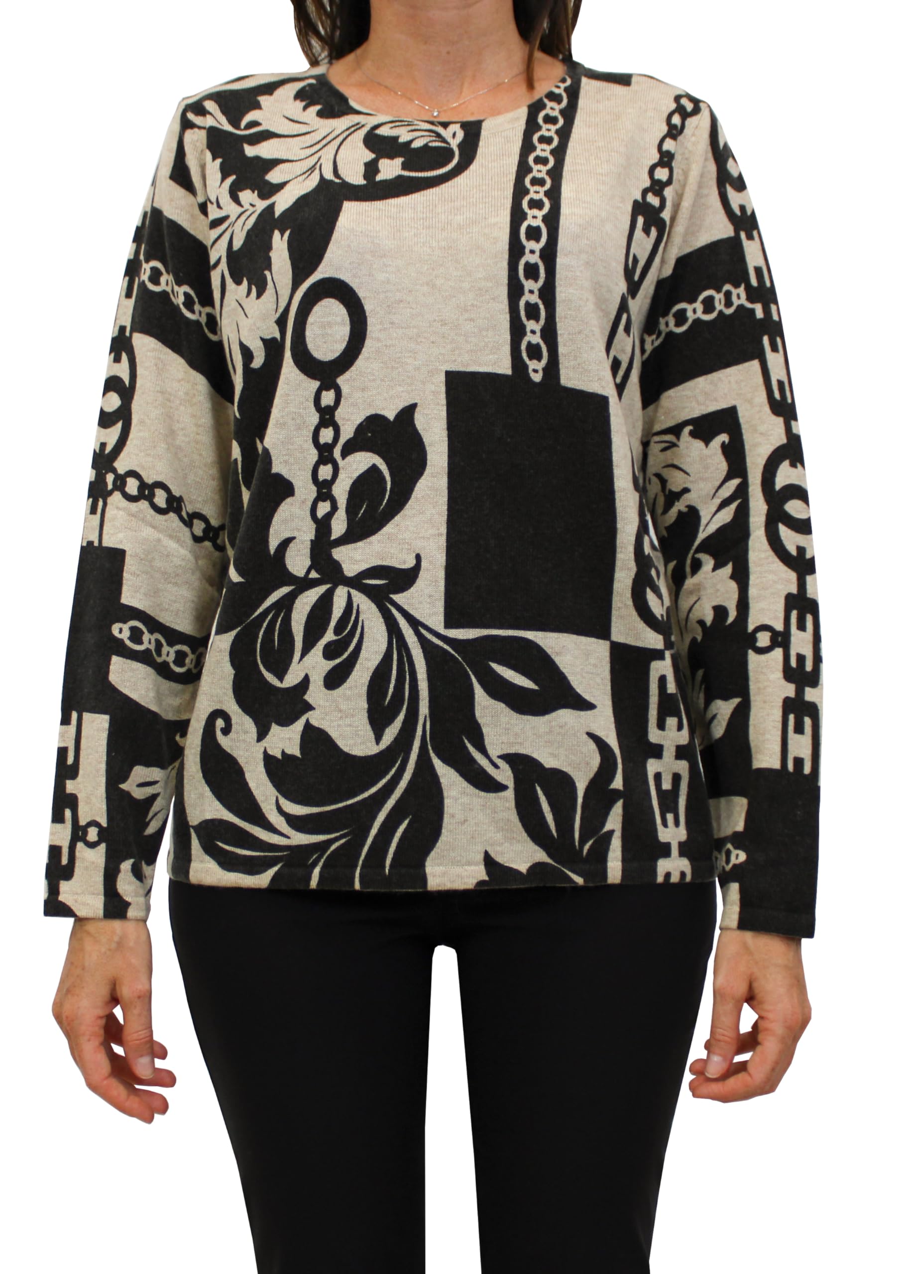 Carla Ferroni Maglia a Maniche Lunghe a Fantasia Art. 26253 (IT, Testo, M,  Regular, Regular, Beige/Nero) : Amazon.it: Moda