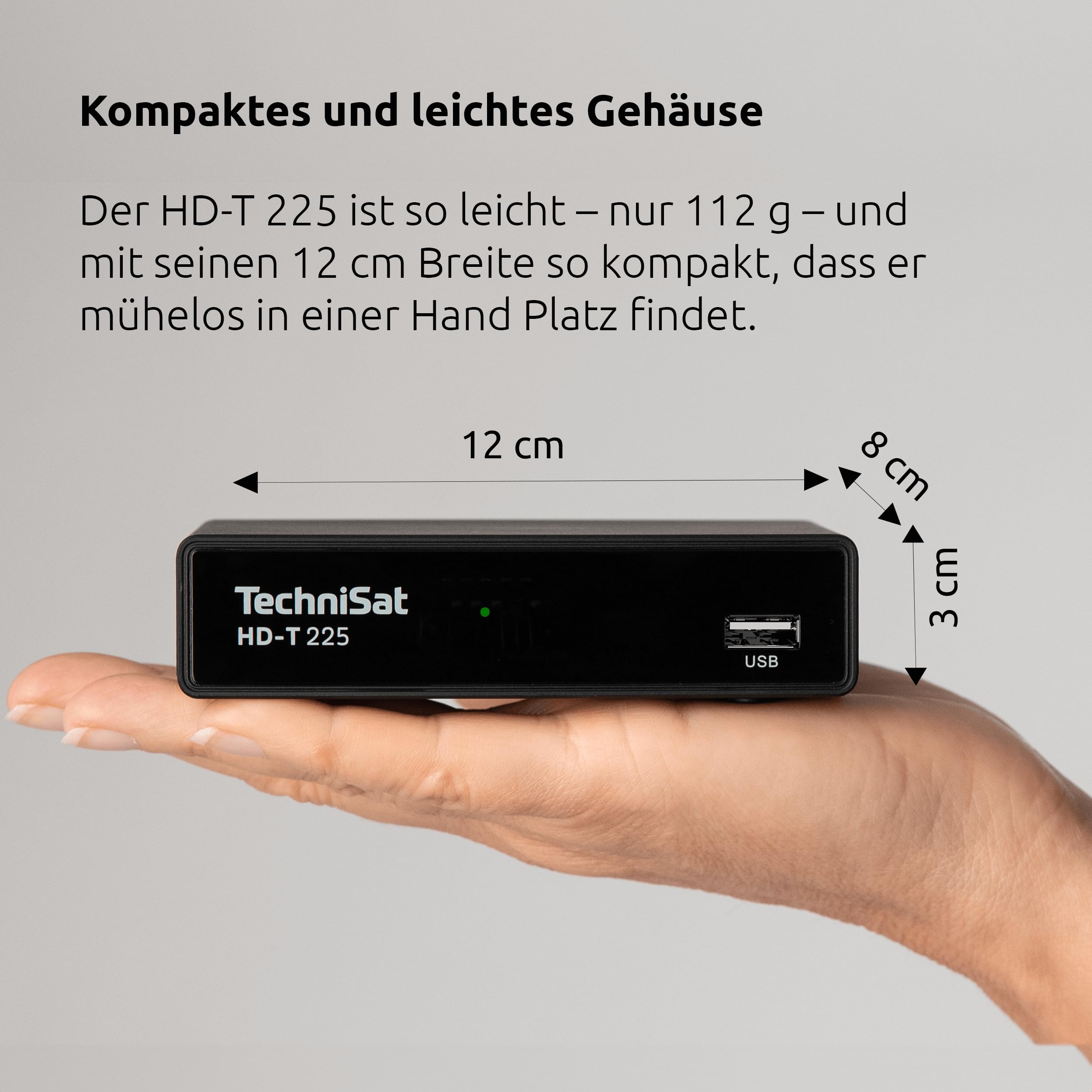 TechniSat HD-T 225 - Kompakter DVB T2 HD Receiver (HDTV, HEVC H265, USB Mediaplayer, HDMI und SCART, 12 V tauglich, EPG, LED Statusanzeige, Fernbedienung) Schwarz