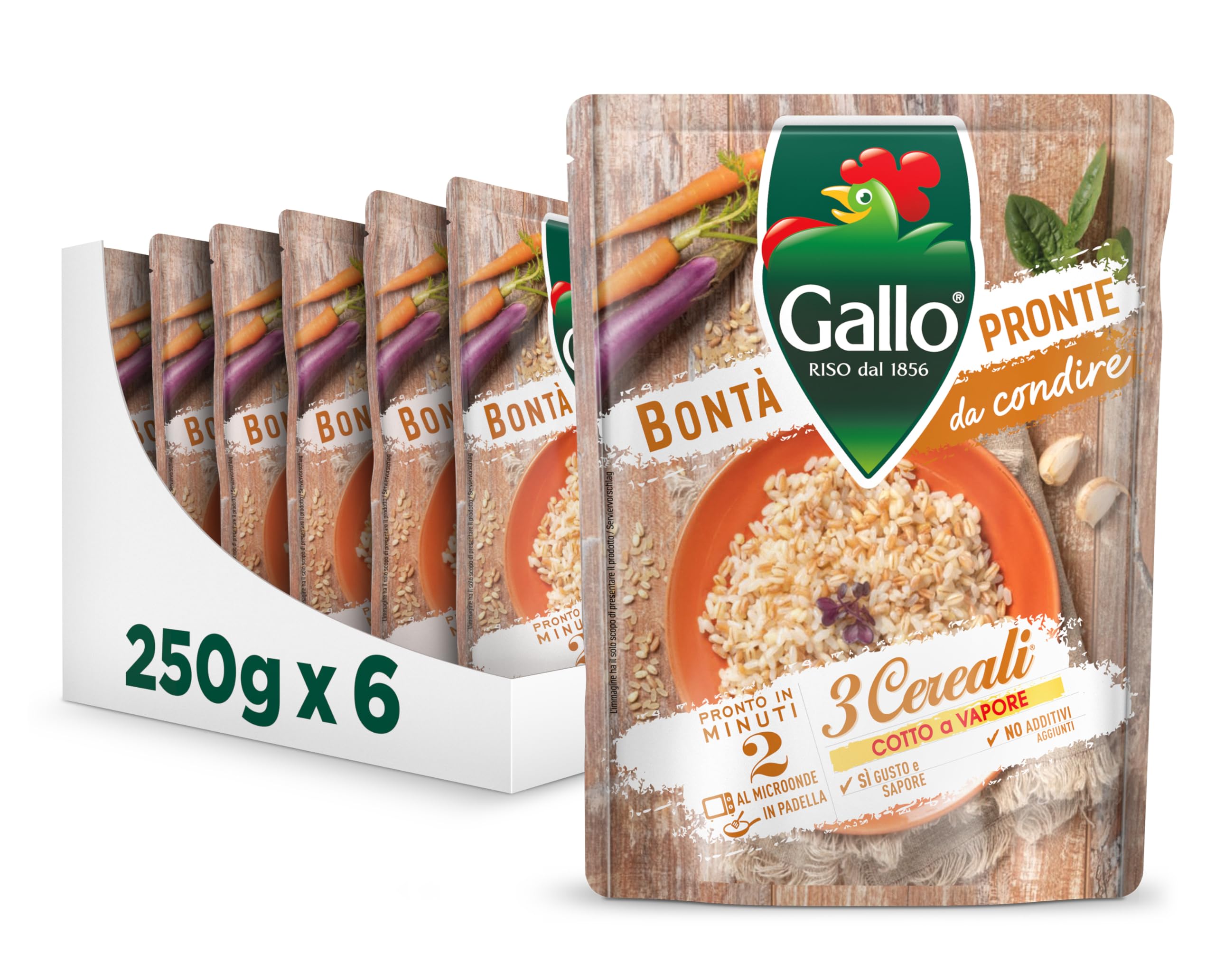 Riso Gallo Bontà Pronte 3 Cereali 6 x 250gr, Riso e MIx di Cereali, Cotto a Vapore, Pronto in 2 min al Microonde, in Padella