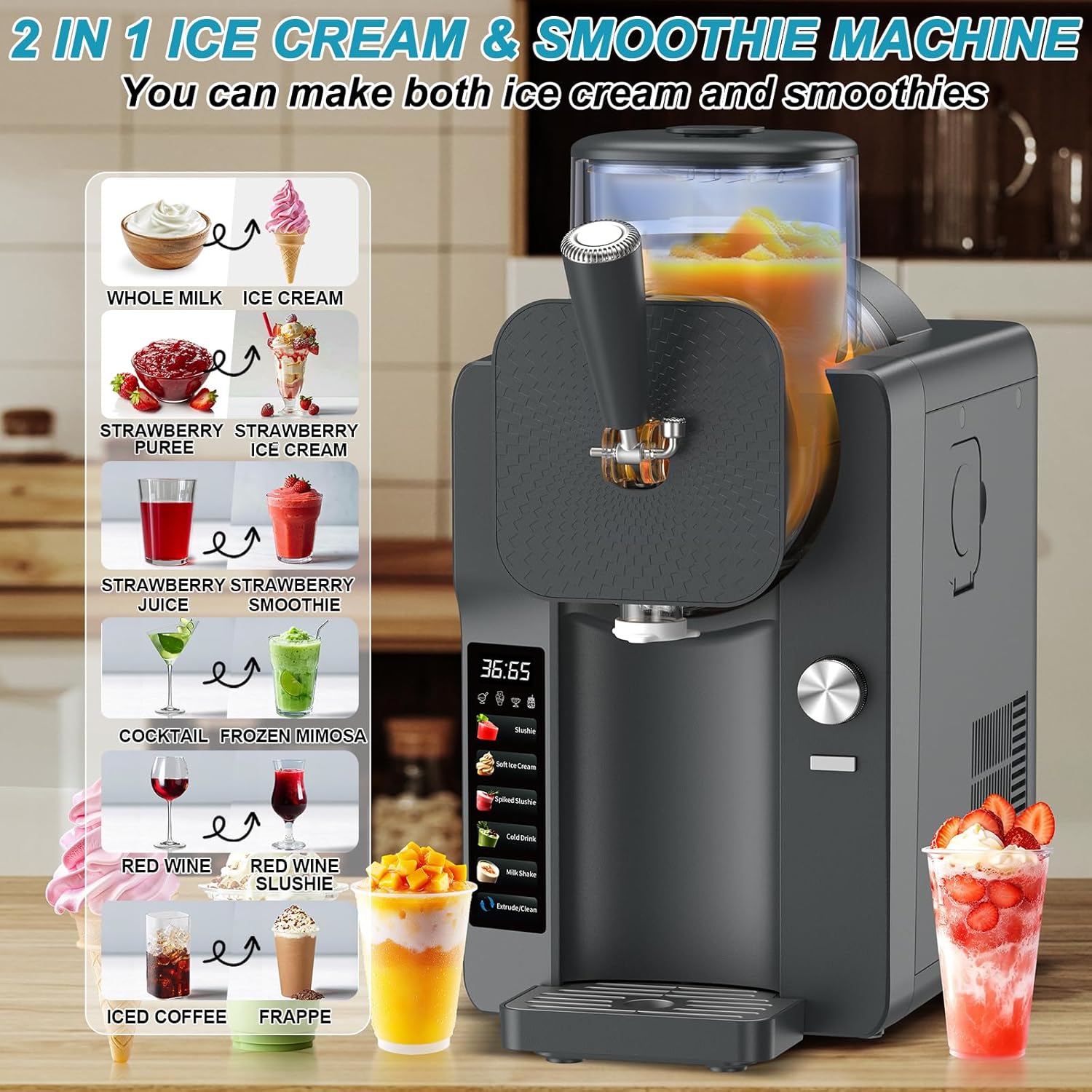 Ice Cream Maker, Slushie Machine for Home, Slushy Machine 70 oz Margarita Machine with 6 Preset Programs for Ice Cream, Milkshake, Cocktail, Frappés, 9-level Adjustable Thickness, Gray