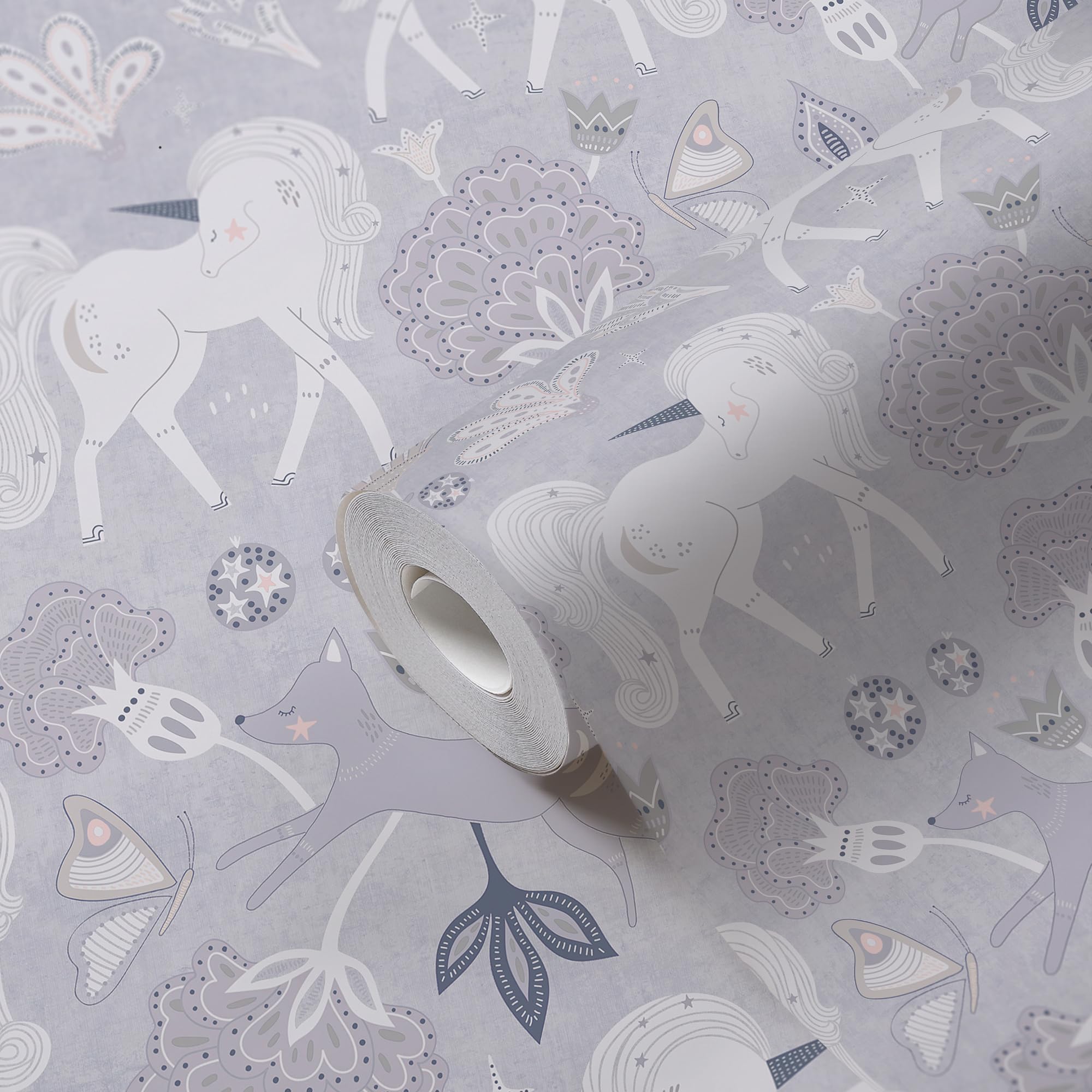 A.S. Création Lilly & Luis papel pintado no tejido con motivo para niños en gris, rosa, blanco – papel pintado unicornios 10,05 x 0,53 m – 771381