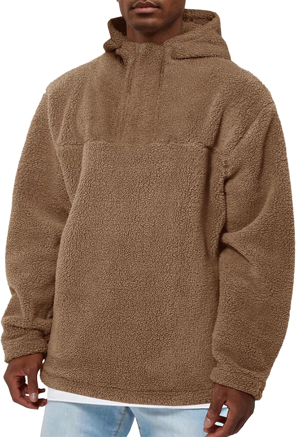 Runcati Mens Fuzzy Sherpa Hoodies Pullover Quarter Zip Long Sleeve Sweatshirts Fall Winter Outwear Casual Fleece Hooded