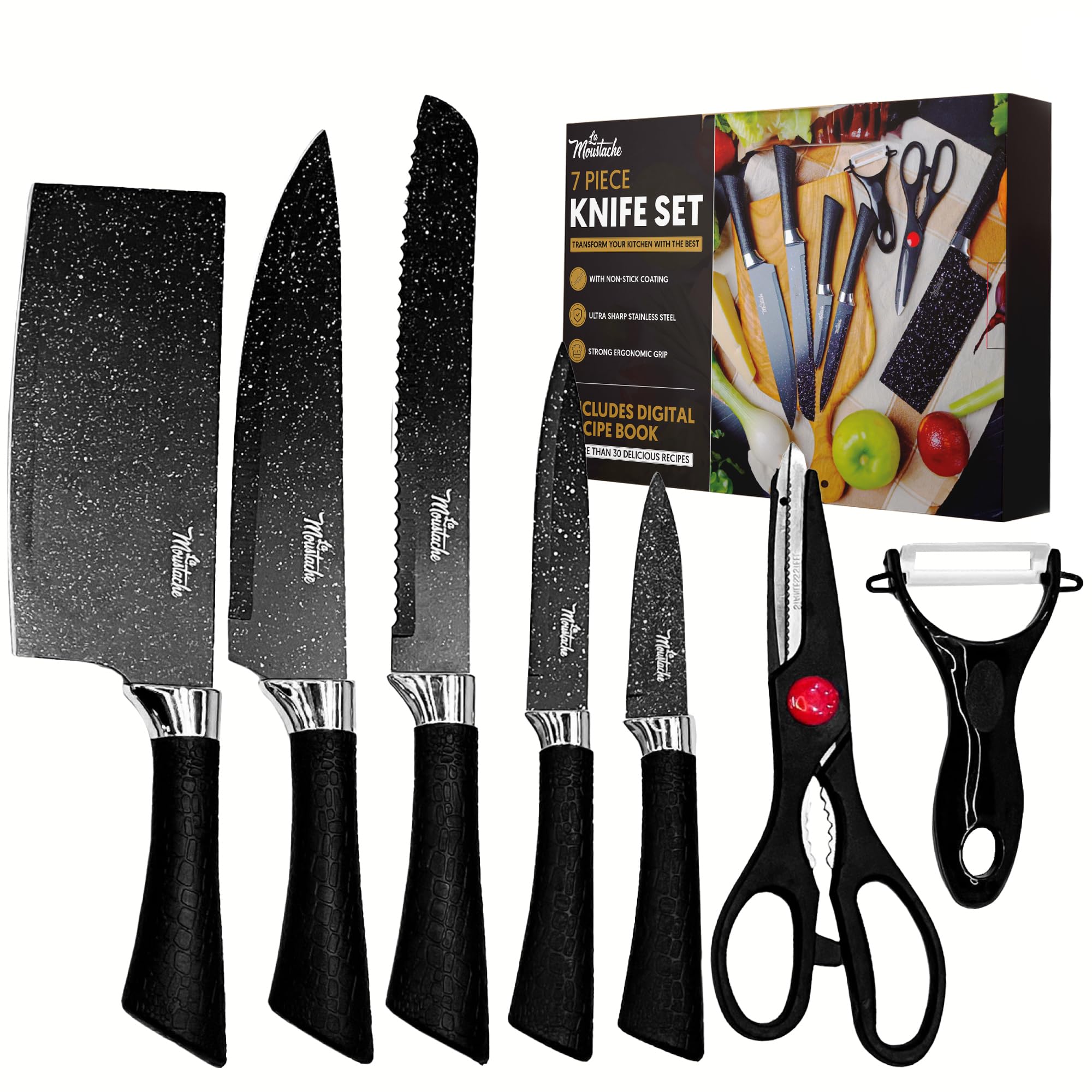 La Moustache - Set di Coltelli 7 Pezzi da Cucina Professionali, Inossidabile e Antiaderenti, Forbici, Pela Verdure, Coltelli da Chef per Pane e Carne, Ergonomici e Prova di Calore (Marmo)