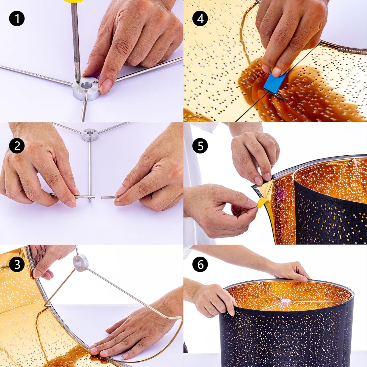 Wellmet Blackgold Drum Lampshades, Easy Assembly Required Replacement Lamp Shades, Fabric Lampshades for Table Lamps Floor Lamps, Metal Spider Fitter, 16"x16"x12"