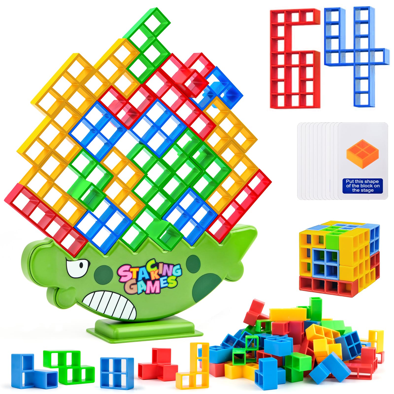 WuGU 64 Piezas Tetris Tower, Juego de Torre Tetra, Tetris Juego de Mesa, Juguete de Juego de Apilamiento para Niños, Regalo de Juguete de Montessori-Dinosaurio