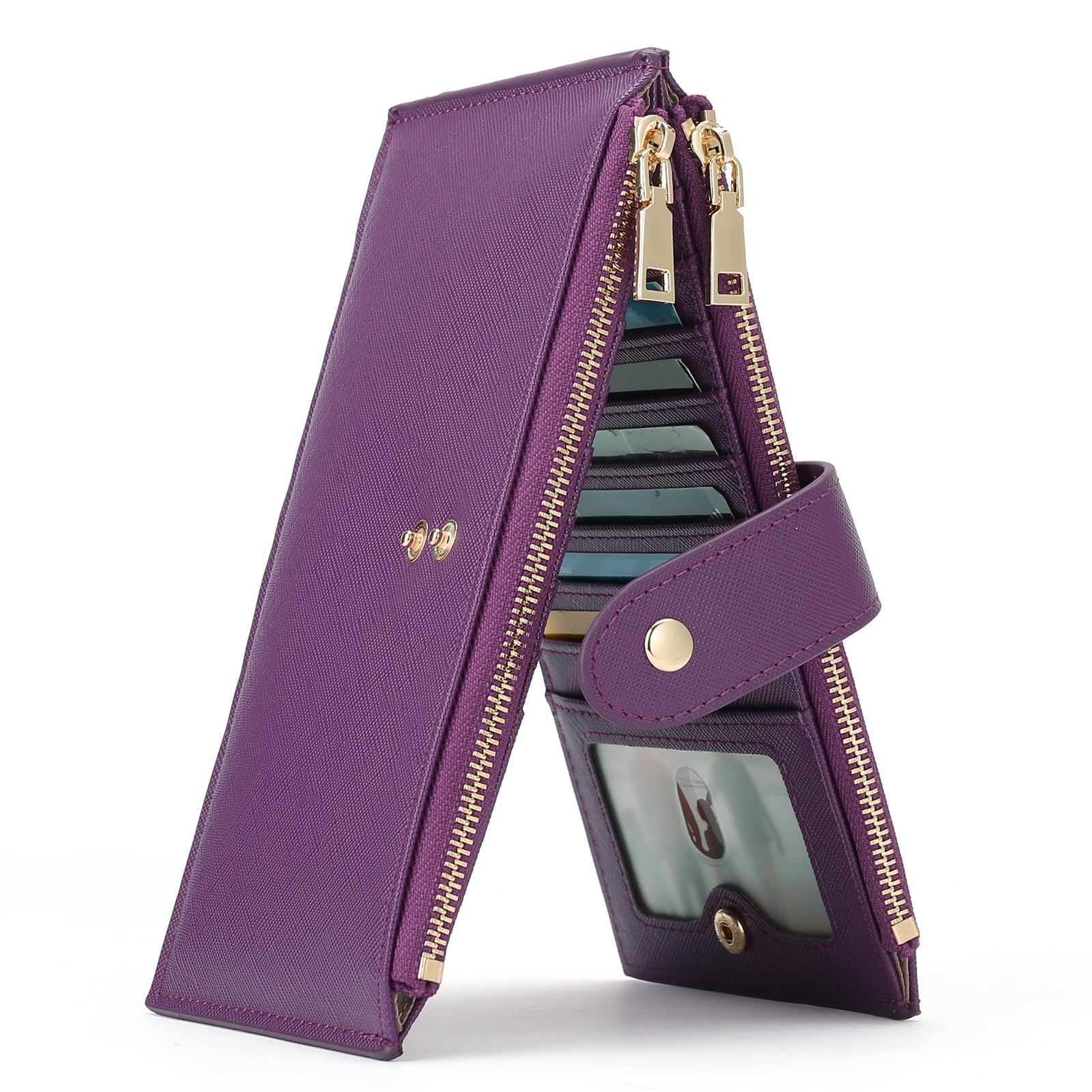 Slim Wallets for Women RFID Blocking Card Holder 2 Zipper Pockets Thin Ladies Clutch Purse Purple