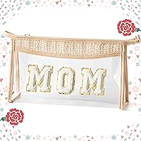 Vista 8 de Bolsa de cosméticos con parches bohemios, regalo de verano, SPF, chenilla, kit de aseo con letras universitarias, color beige, transparente