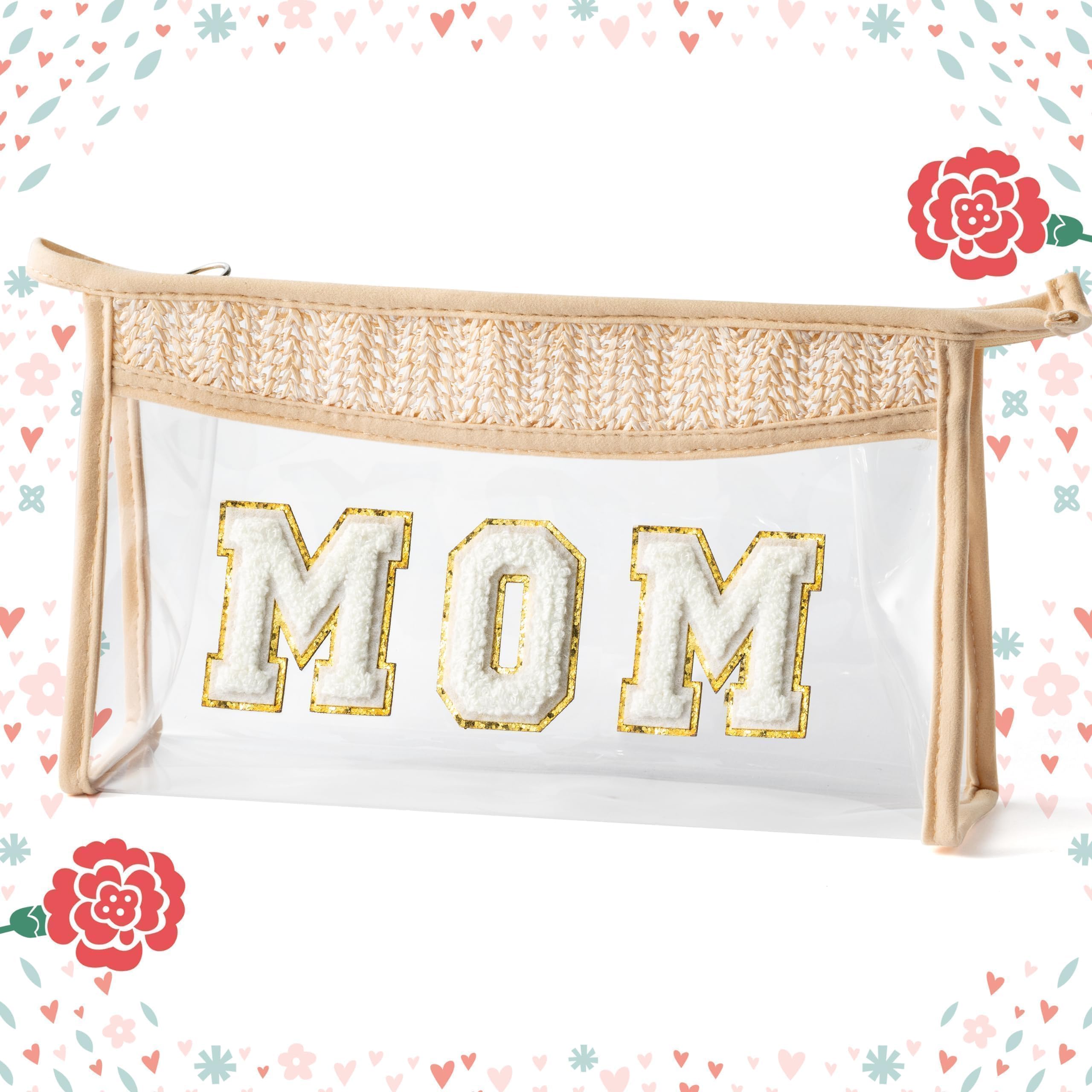Belanttega Mother's Day Cosmetic Bag - Summer Boho Patch MOM Chenille Varsity Letter Toiletry Kit Beige Clear Waterproof Travel Makeup Bag PVC Zipper