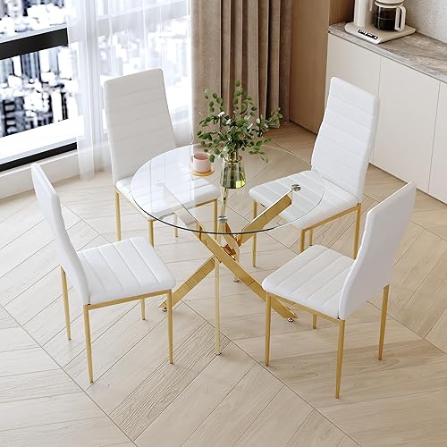 Miniatura 3 de Mesa de comedor redonda de vidrio templado para 2 a 4 personas con patas cromadas, mesa de cocina pequeña moderna de 31.5 pulgadas, mesa de comedor