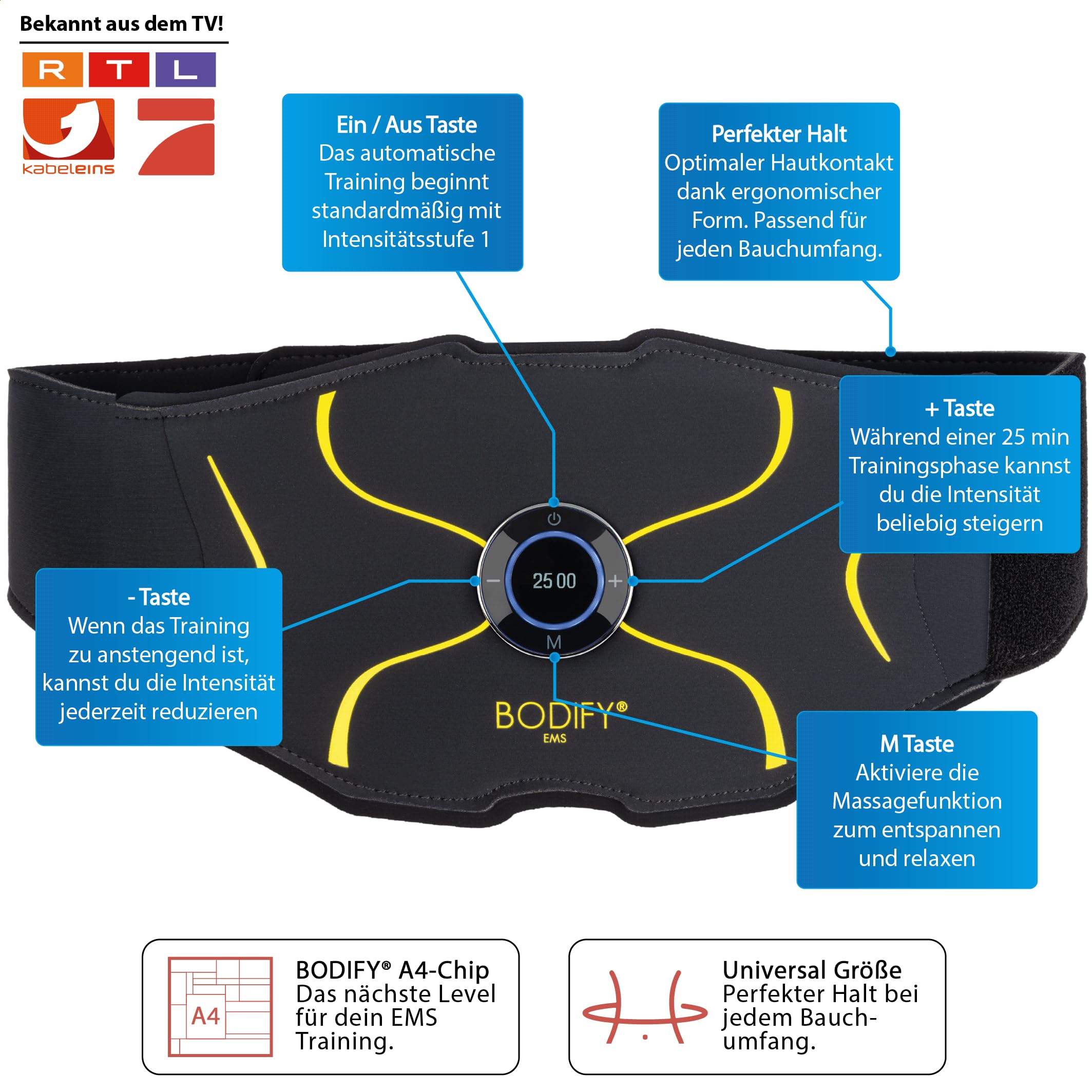 Bodify® EMS Bauchtrainer Max - Gezielte Stimulation der Bauch Muskulatur! - Muskelaufbau - Bauchtrainer - Stimulationsgerät Bauch Muskeln - Bauchmuskeltrainer für Männer und Frauen Das ORIGINAL