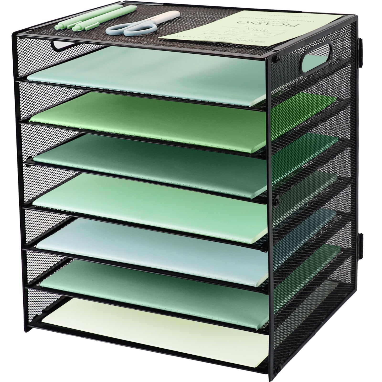 Iougdsec 8 Tiers Paper Letter Tray With Handle, 8 Tier Metal Mesh Desk File Organizer, A4 Paper Desktop Filing Trays, Magazine Document Holder For Home School Office, Black
