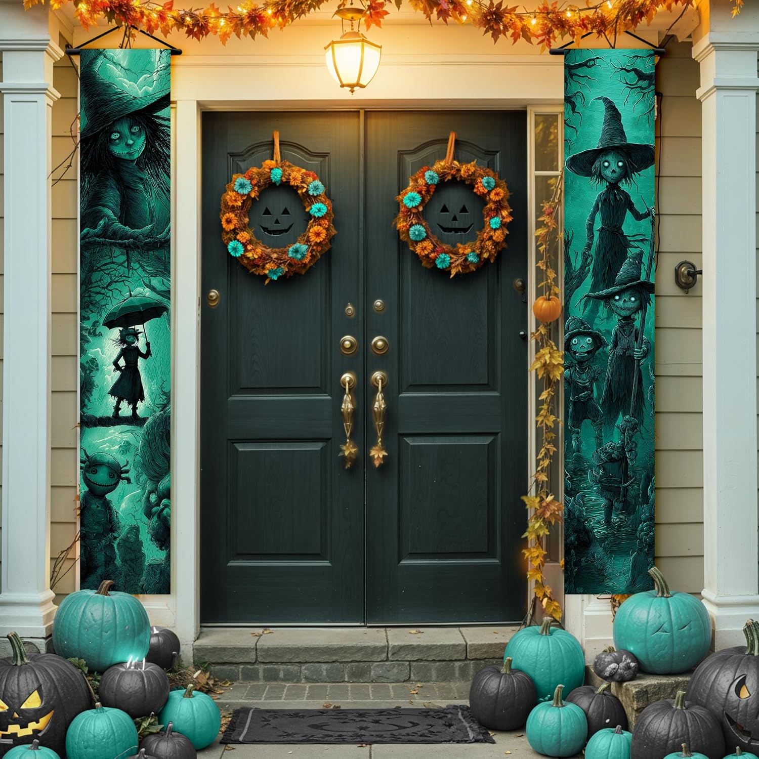 KatchOn, Halloween Decorations Set- Pack of 6 | Spooky Stretching Portrait- 47x16 Inch, Pack of 4 & Halloween Door Banner-72x12 Inch | All 6 in 1 Pack, For Spooky Party Decorations, Witch Theme Banner