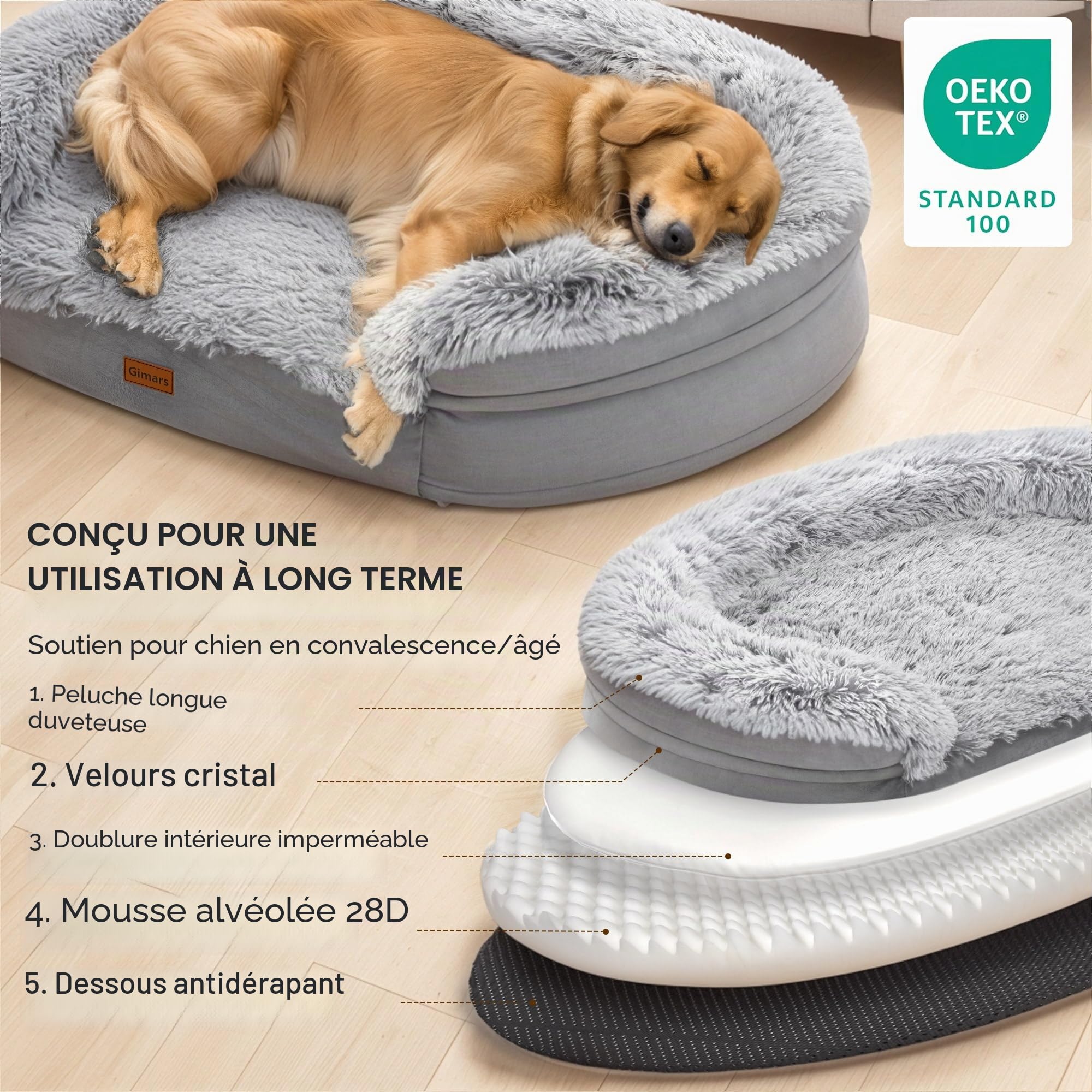 Gimars 9,5 cm Épais XL Lit Orthopédique pour Chiens de Très Grande et Seniors, Lit de Soutien avec Mousse Alvéolée 28D, Housse en Peluche Amovible et Lavable, Doublure Imperméable, Semi-Circulaire