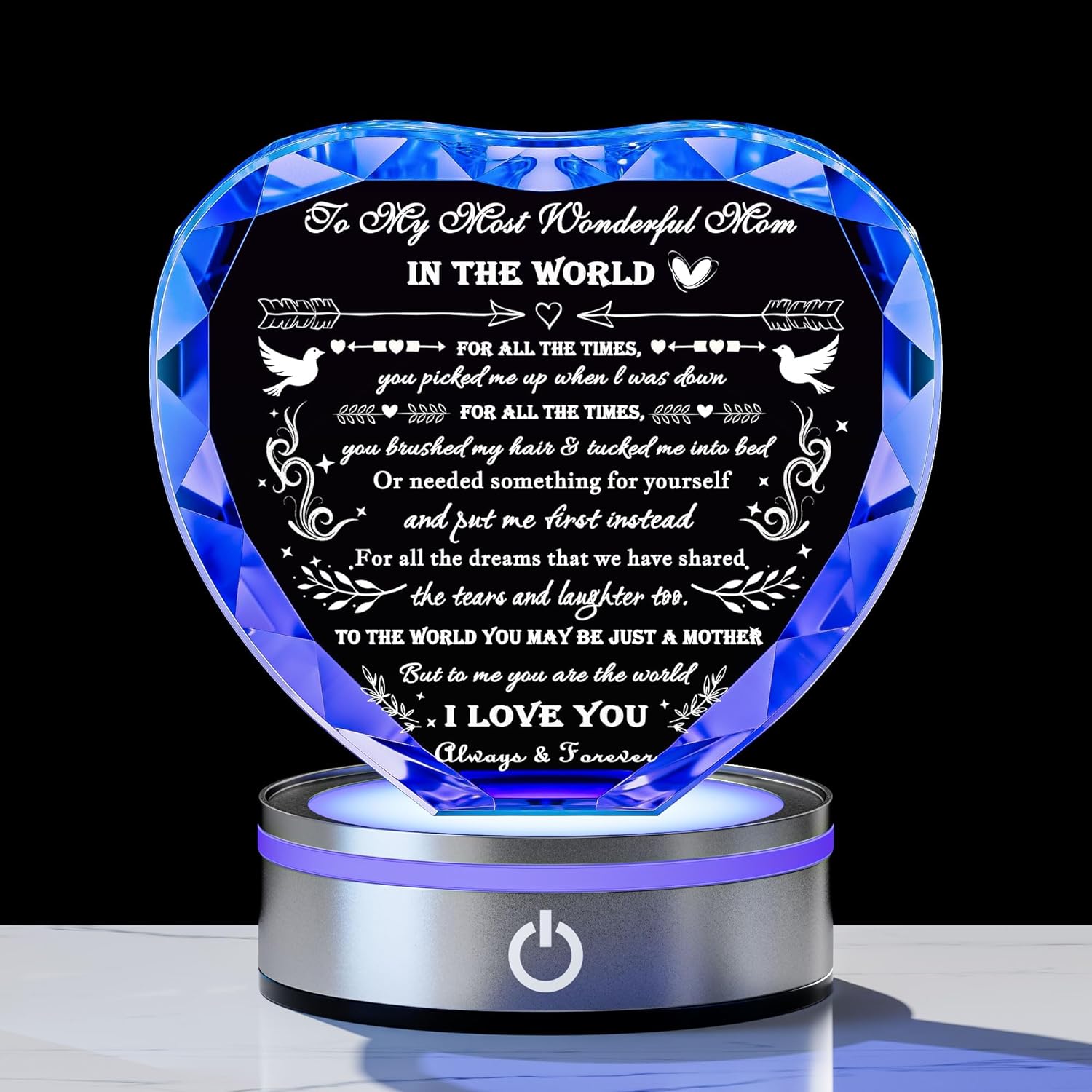 Gifts For Mom From Daughter Son Mothers Day Gifts - Crystal Engrave Heart World Best Mom Gifts with Led Colourful Light Base - Unique Funny Birthday Anniversary Valentines Gifts Christmas MOM Mother