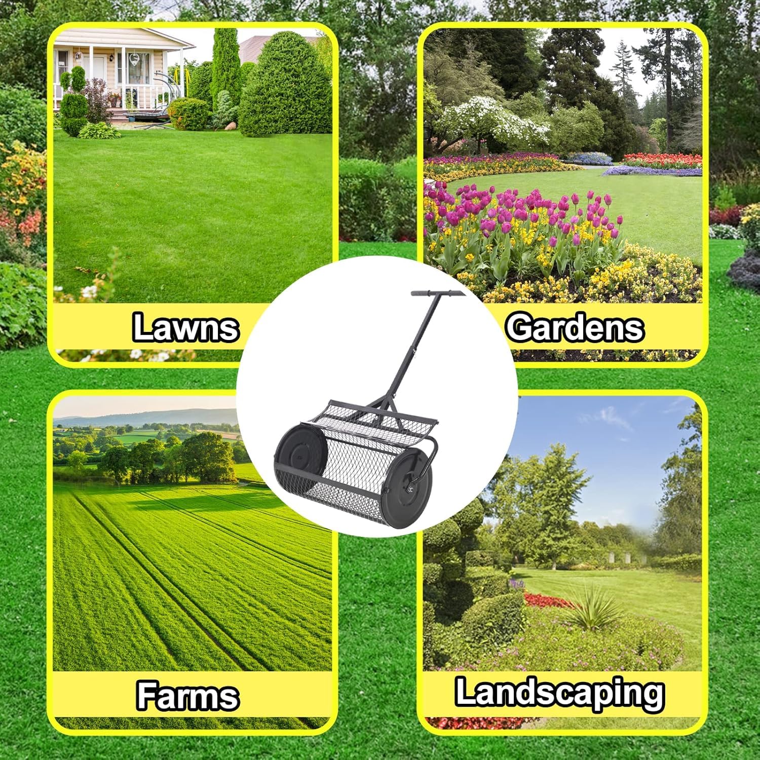 Distribuidor de compost - Rodillo de turba de 61 cm con mango ajustable en forma de T, ligero, de malla metálica, para césped, esparcir estiércol y tierra vegetal, color negro, con ranuras abiertas