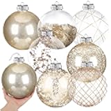 Wettarn Set of 8 Transparent Large Christmas Ball Ornaments 6 Inch Glitter Hanging Plastic Balls Christmas Tree Decorations for Lawn Yard Party with Exquisite Filling Decoration(Champagne Gold)