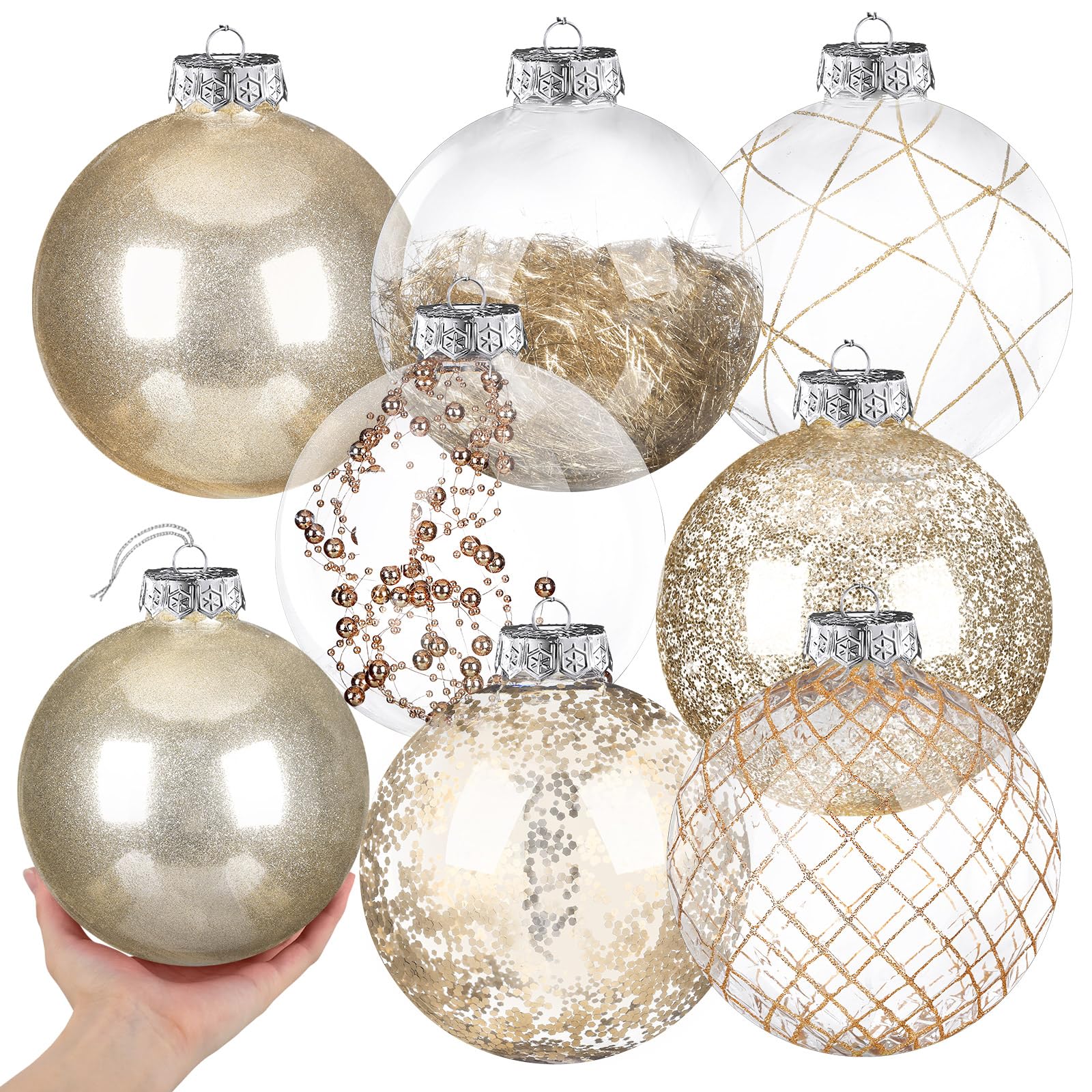 Wettarn Set of 8 Transparent Large Christmas Ball Ornaments 6 Inch Glitter Hanging Plastic Balls Christmas Tree Decorations for Lawn Yard Garden Party with Exquisite Filling Decoration(Champagne Gold)