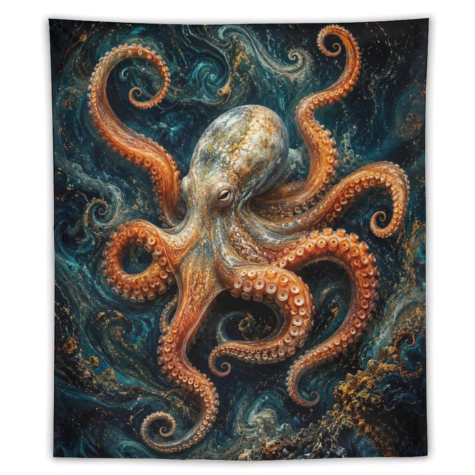 W7C8U2X3 Dark Ocean Octopus Wall Tapestry, Oil Painting, Office