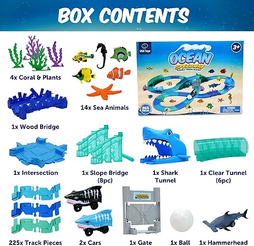 Miniatura 6 de USA Toyz Pistas de carreras oceánicas para niños, juego de 265 pistas de carreras con 225 carreteras flexibles, 3 autos de juguete de tiburón,