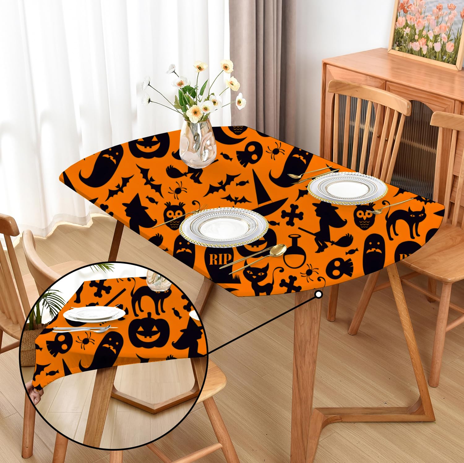 Amonsa Oval Halloween Tablecloth Fitted Elastic Table Cover: Anti-Wrinkle Washable Fabric Orange Tablecloths for Party Banquet Yellow and Black 42x60 Inch — image 1