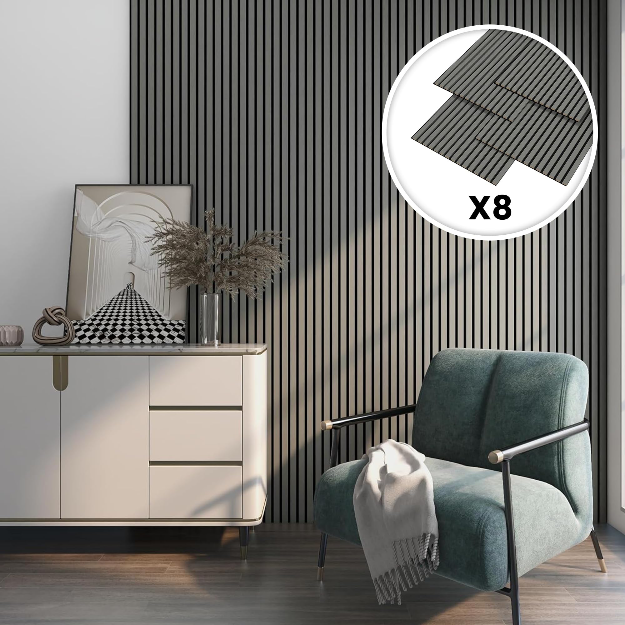 neu.holz Panele akustyczne Vang Zestaw 8 sztuk Wykładzina ścienna do klejenia i wkręcania 5,76 m² Fornir drewniany 3D Panele listwy w estetyce dębu, jasnoszary