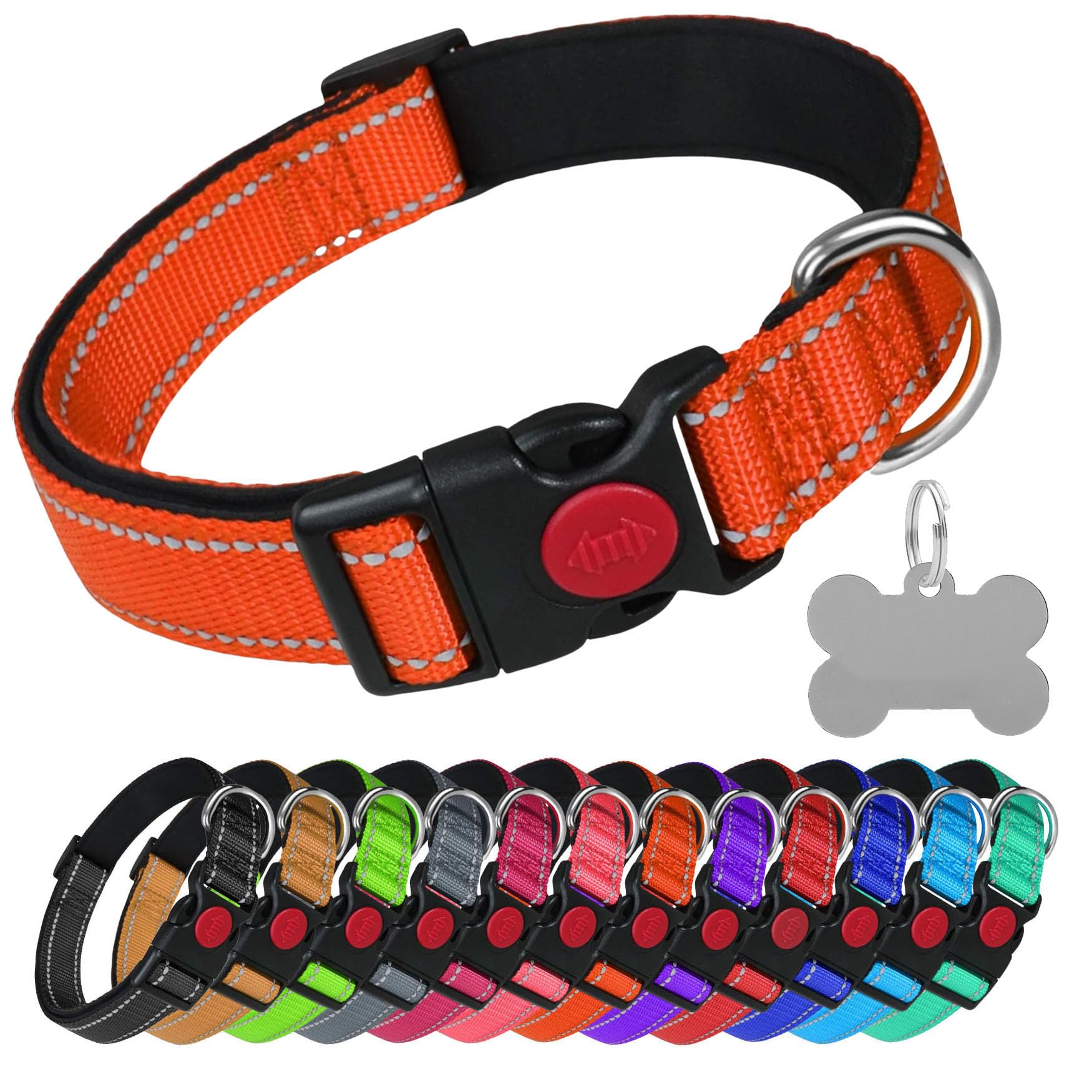 LARRYROO Reflective Dog Soft Padded Nylon Collar | Slide Lock Safety Buckle | Fully Adjustable With Personalised Engraved Silver Bone Shaped Tag (Orange, Medium (35cm - 50cm Neck))