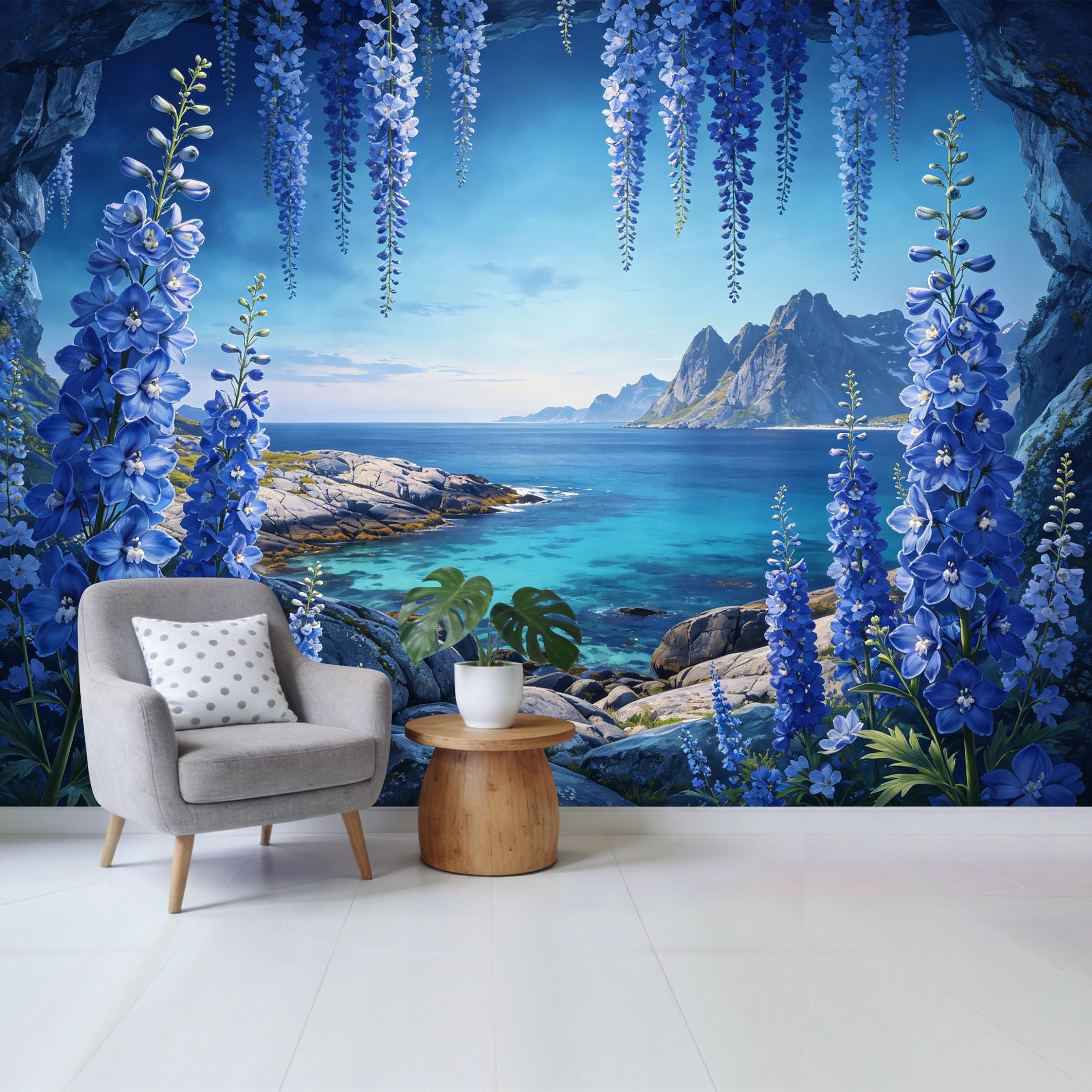 Qzlithotic Yq2605250620 Custom Size Wall Mural Blue Delphinium Flower Landscape Mountain Lake Coastal View Selfadhesive Wall Fabric Removable Wallpaper For Home Office Decor