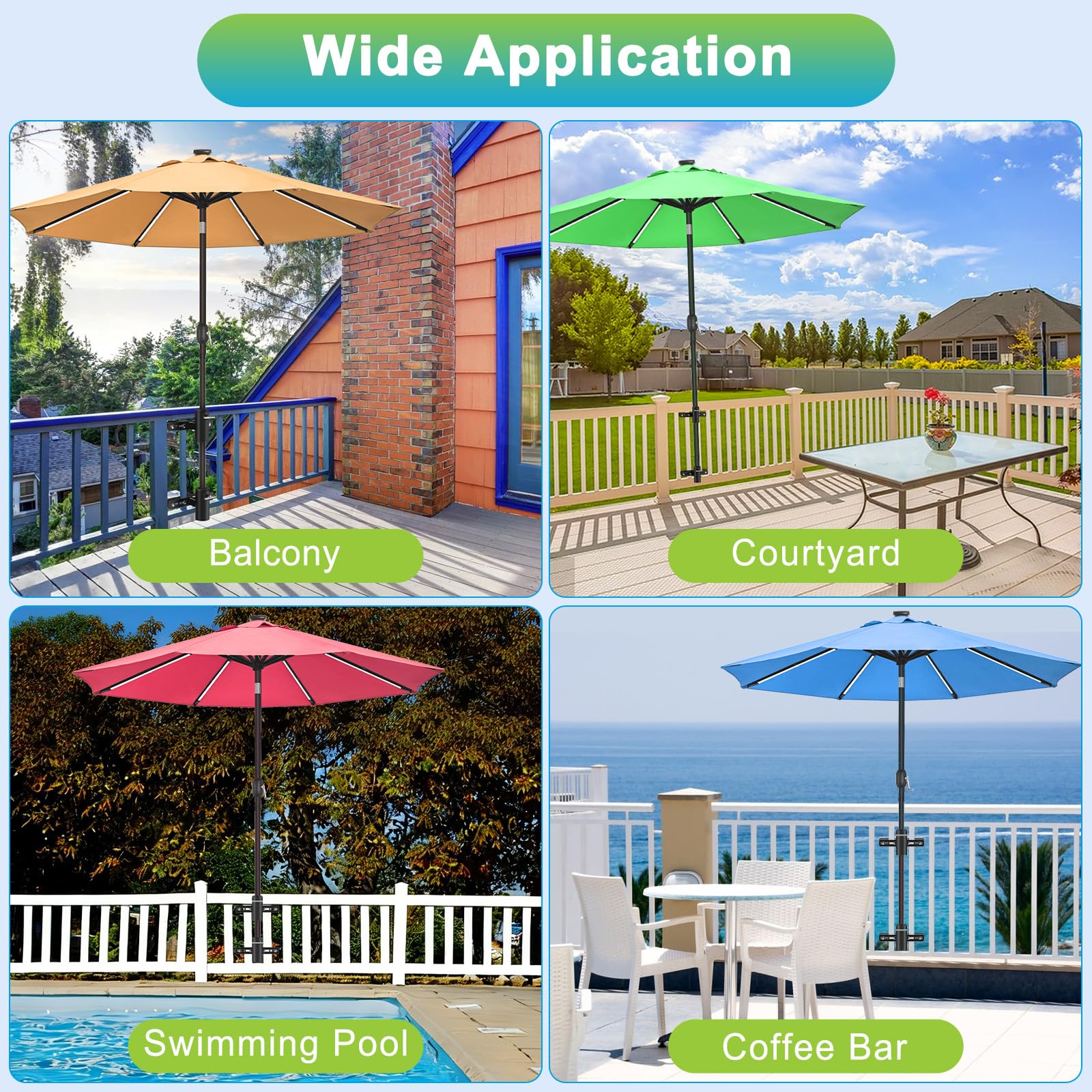 Dolibest Supports de Parasol Terrasse,2pcs Pince Parasol pour Balcon Umbrella Holder Tube Kit Fixation Jardin Arrière-Cour Gain de Place avec Manchon 3 Tailles pour Poteau 3-5cm,Rambarde Max 6.6x6.1cm