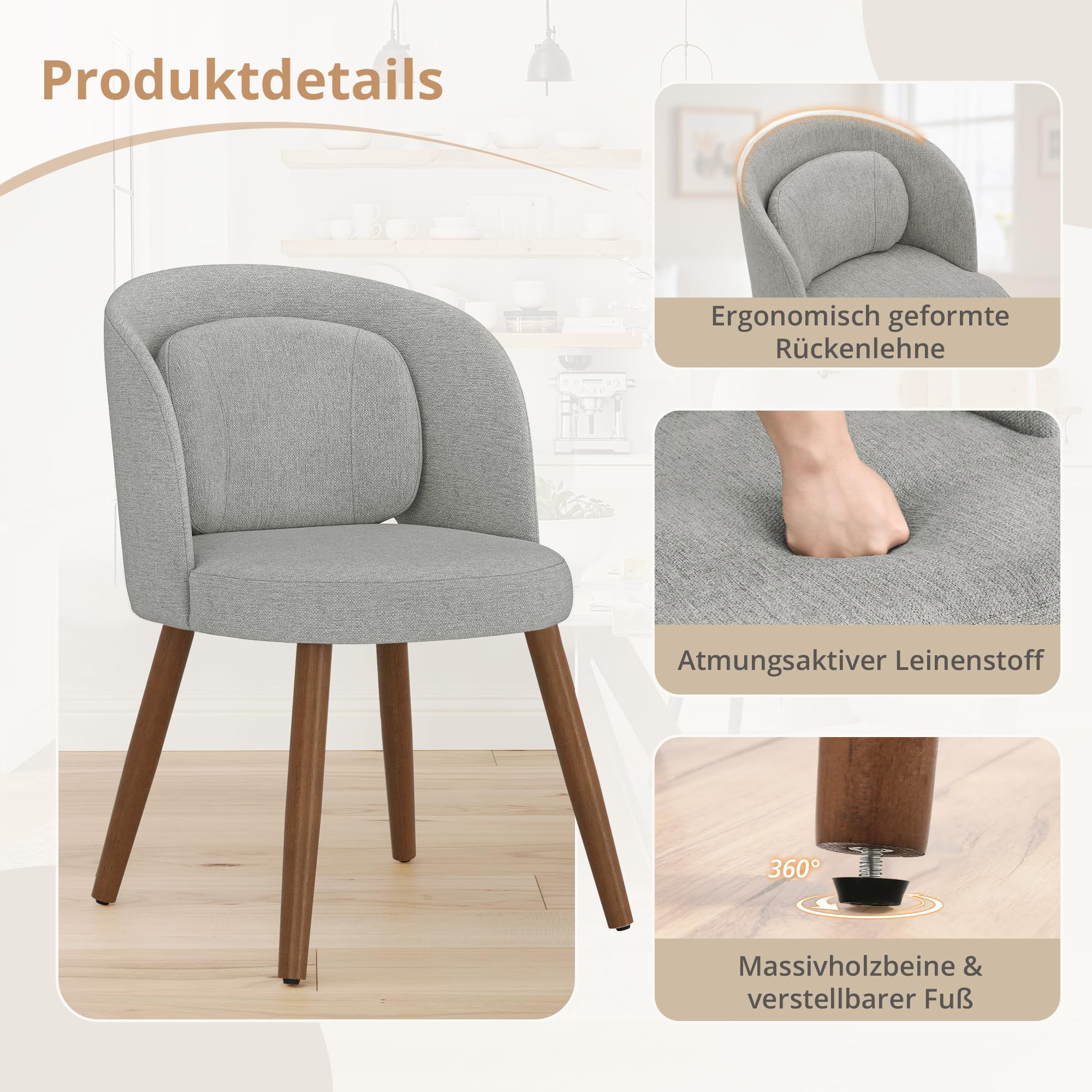 LUE BONA Esszimmerstühle 4er Set, Polsterstuhl mit Lendenkissen & Holzbeinen, Modern Küchenstühle mit gebogener Rückenlehne, Stoff Essstühle für Esszimmer, Küche, Wohnzimmer, Leinen-Optik, Grau