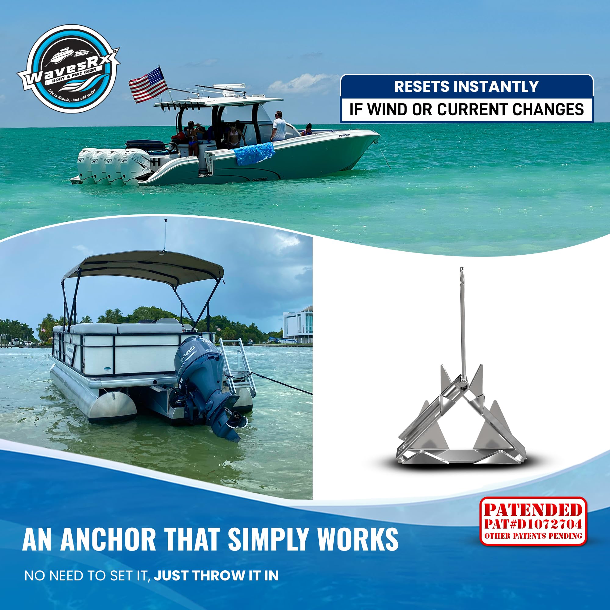 WAVESRX Faltbarer TriAnchor aus Edelstahl (3,2 kg) für PWC, Jetski & Skiff Boot Verankerung I Geniales zum Patent angemeldetes Anker-Design setzt schneller und hält Besser als Grapnel-, Fluke-, Pilz-
