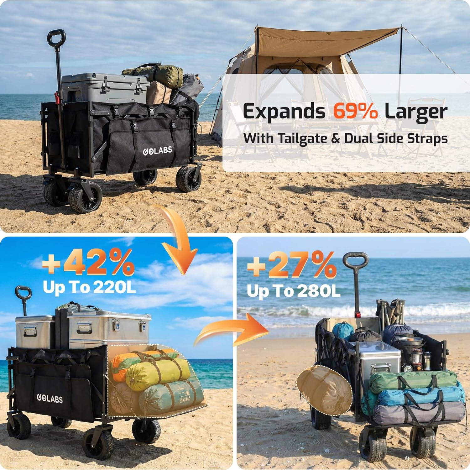 Golabs WA2 Wagon Cart Max 560lbs Load & Expandable Storage Max 280L(2 Side Strap), Heavy Duty Beach Wagon with Brakes, 7×4" Big All-Terrain Wheel, 3S Quick Fold Design for Garden & Camping & Beach