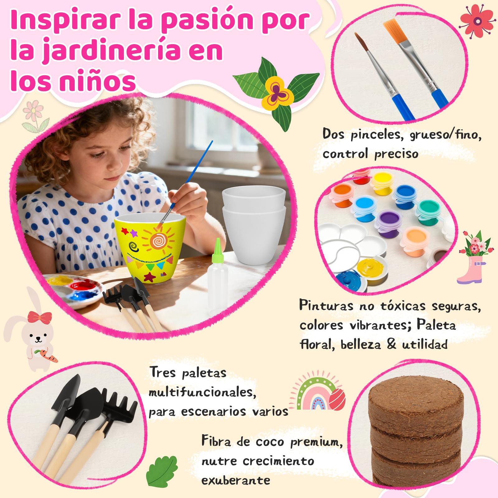 IEEILULU Kit Jardineria Niños, Set Macetas Pintar 35 Piezas, Kit DIY para Pintar Macetas con Herramientas de Jardinería para Niños, Set Huerto Infantil Manualidades Regalos para 3+ Años