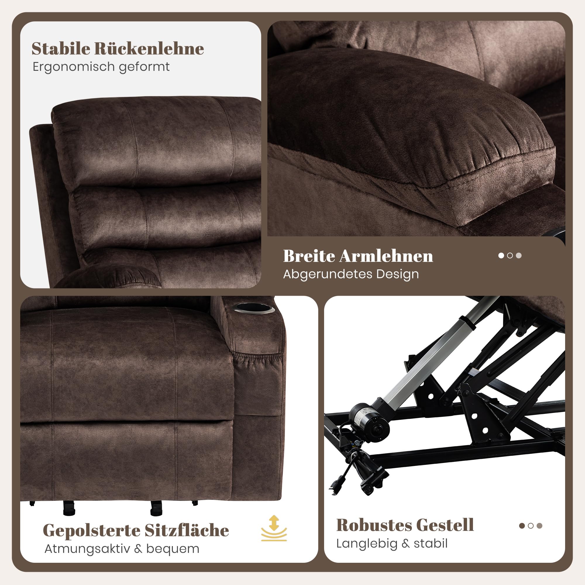 Elektrischer Aufstehsessel für Senioren, Relax- & Fernsehsessel mit Aufstehhilfe, stufenloser Liegefunktion, Massage & Heizfunktion, USB & Typ-C, Seitentaschen, Getränkehalter (Braun)