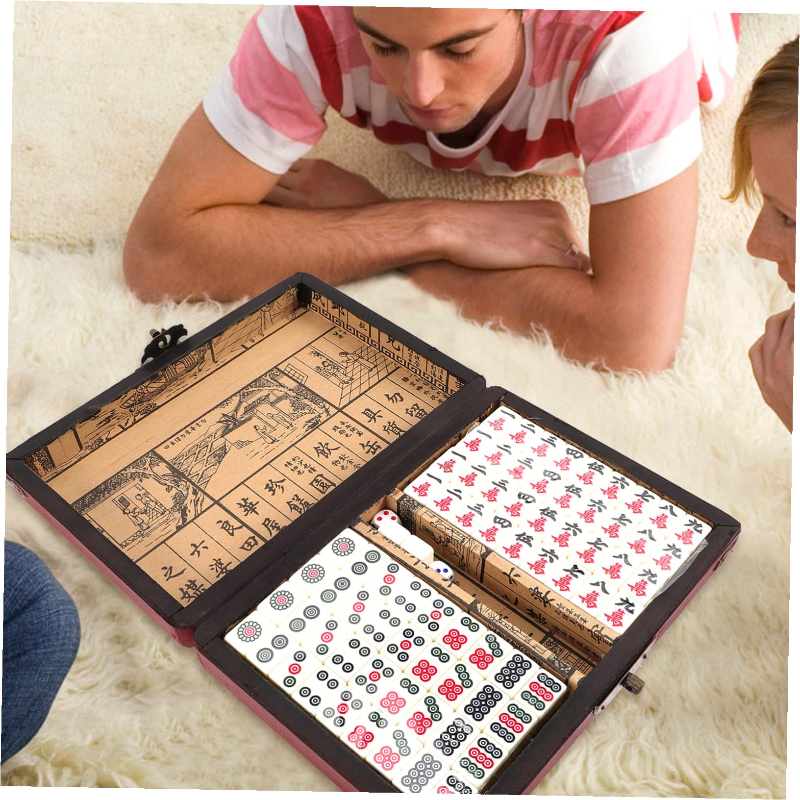 Mahjong Spielset 1 Satz aus Acryl und Holz, Kleine Reisespiel Requisite | Leichtes Format, Kompakt für Zuhause und Partys, mit Englischer Anleitung