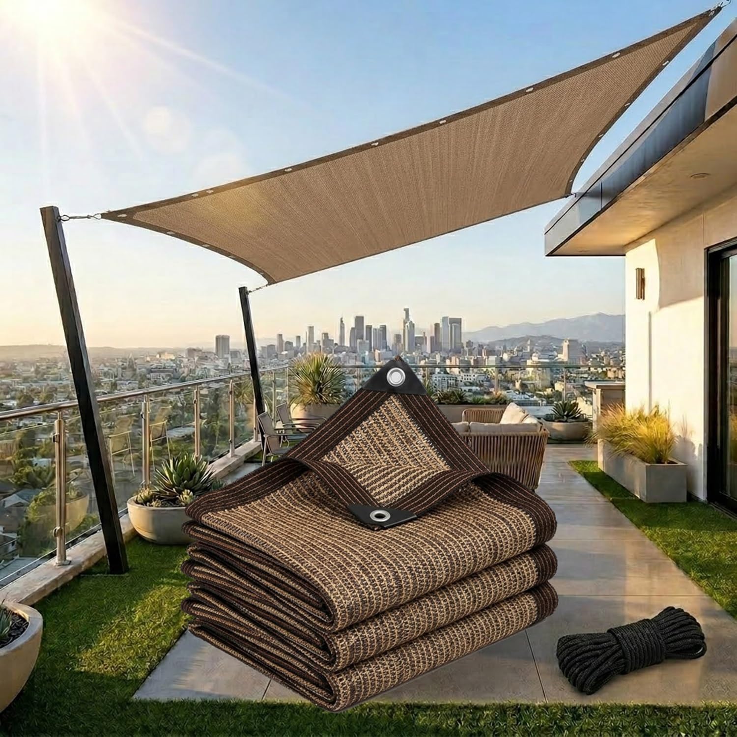 Tissu protection solaire marron 90% anti-UV avec œillets contre la chaleur