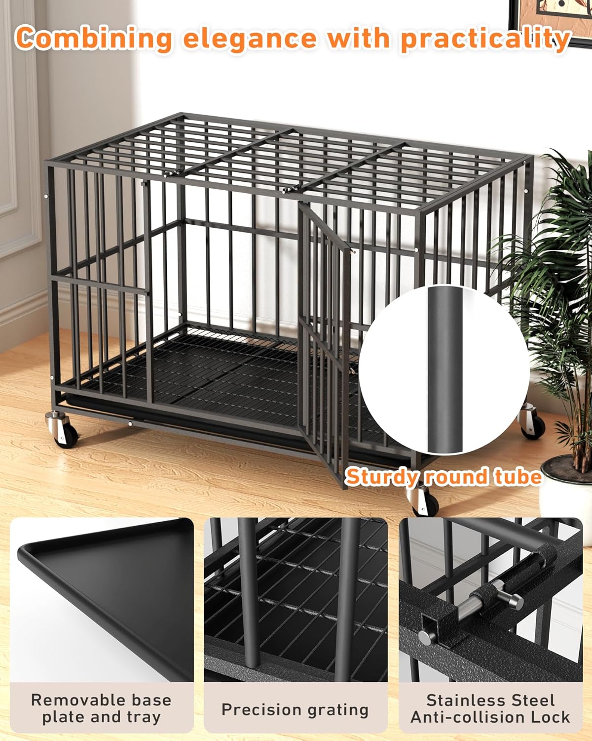 38 inch Heavy Duty Dog Crate with Dual Doors and Lockable Wheels, Large Dog Kennel Indoor, Removable Tray for Easy Cleaning, Dog Cage for Medium to Large Breeds and Anxious Dogs