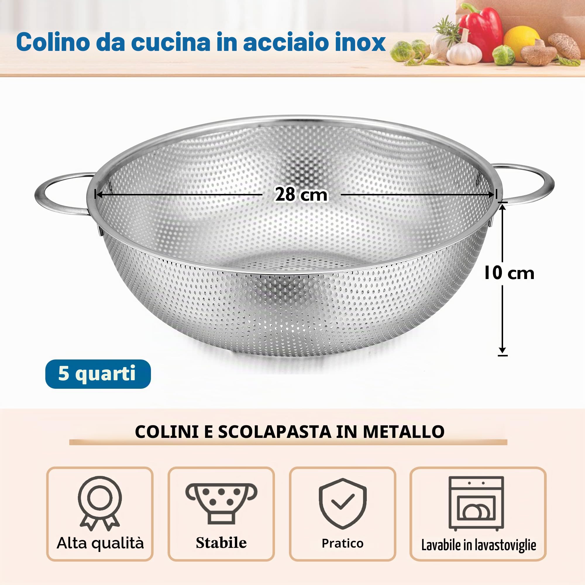 Herogo Colino da 28 cm in acciaio inox, manico, colino per pasta microforato, scolapasta e risciacquo di alta qualità e lavabile in lavastoviglie